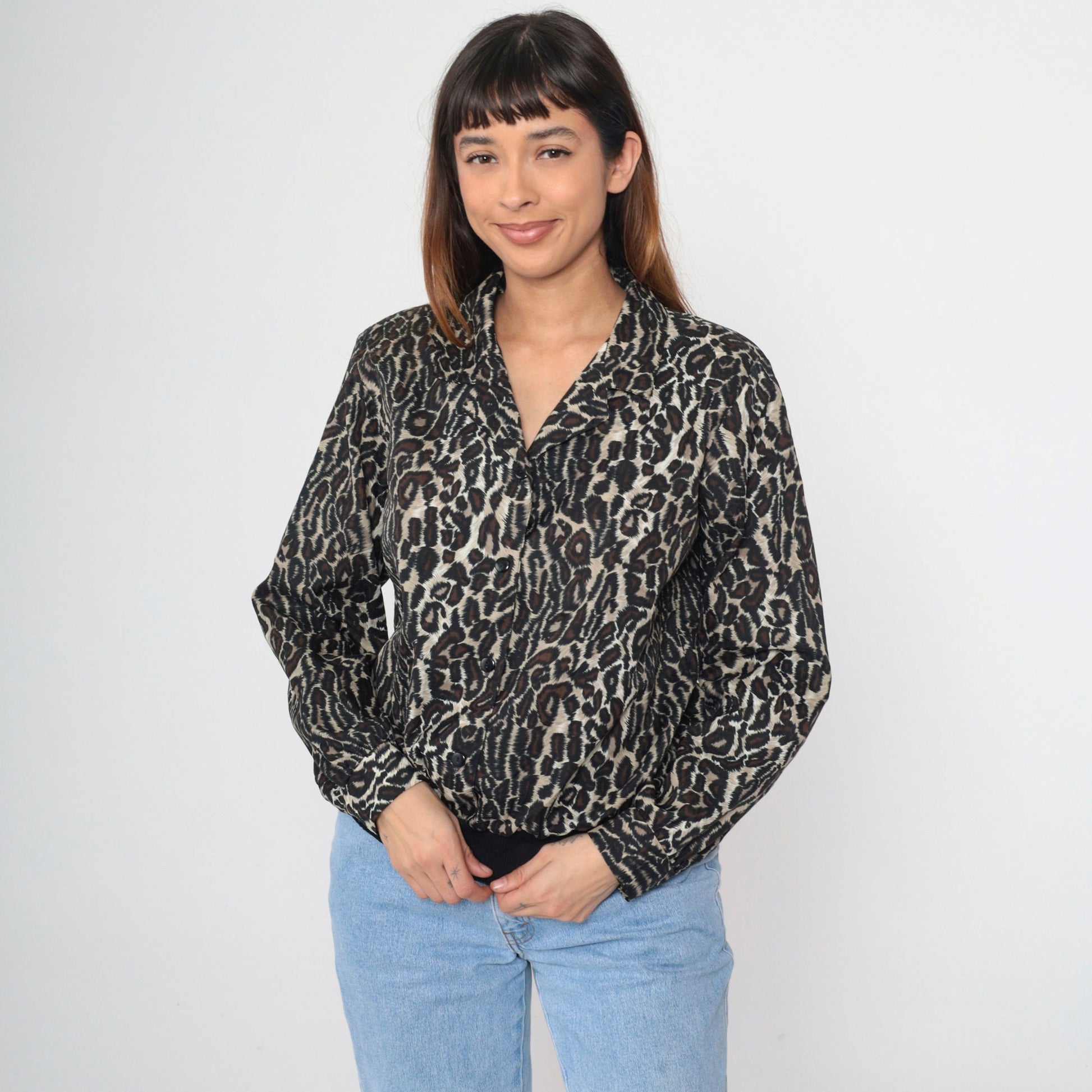 80s Leopard Print Button-Up Blouse Long Sleeve Collared Top Large