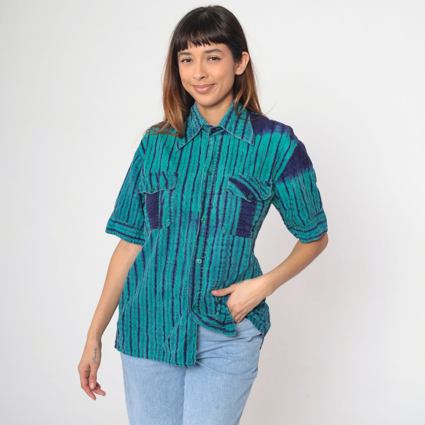 90s Ikat Striped Button-Up Shirt Green Indigo Oxford Short Sleeve Small