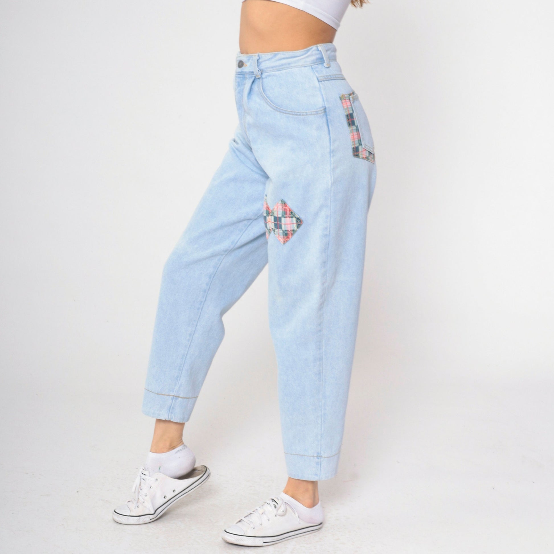 90s Breaker Jeans Light Blue Patchwork Plaid High Rise Mom Jeans Small 29