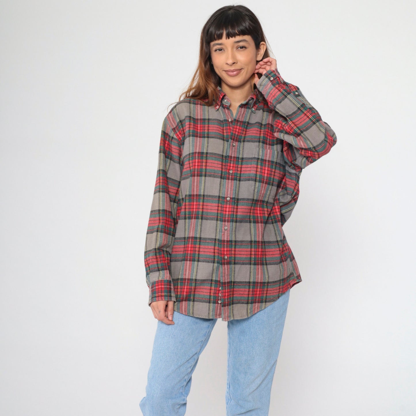 90s Lands End Plaid Flannel Shirt Grey Red Green Button Up Medium
