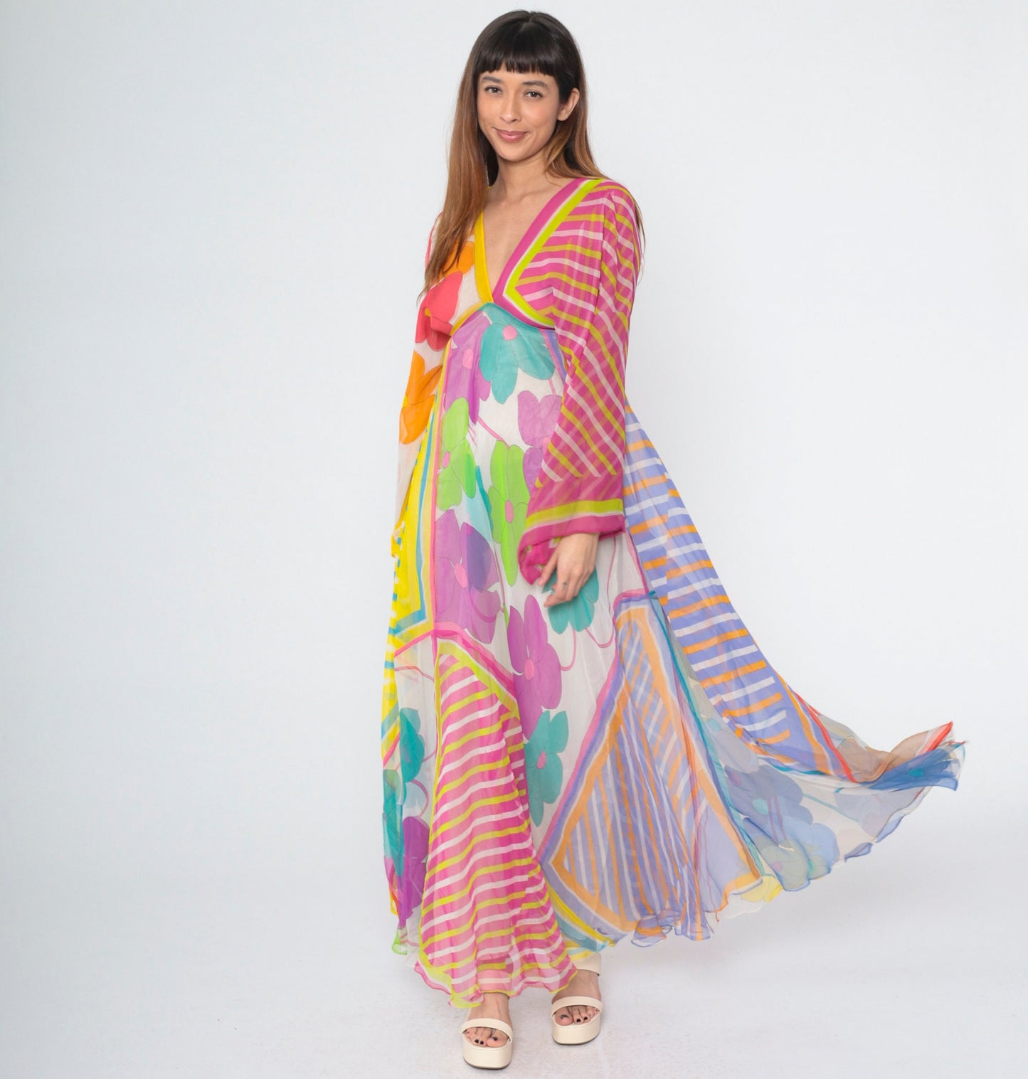 70s La Vetta Beverly Hills Floral Maxi Dress Deep V Empire Waist Kimono Sleeve Small