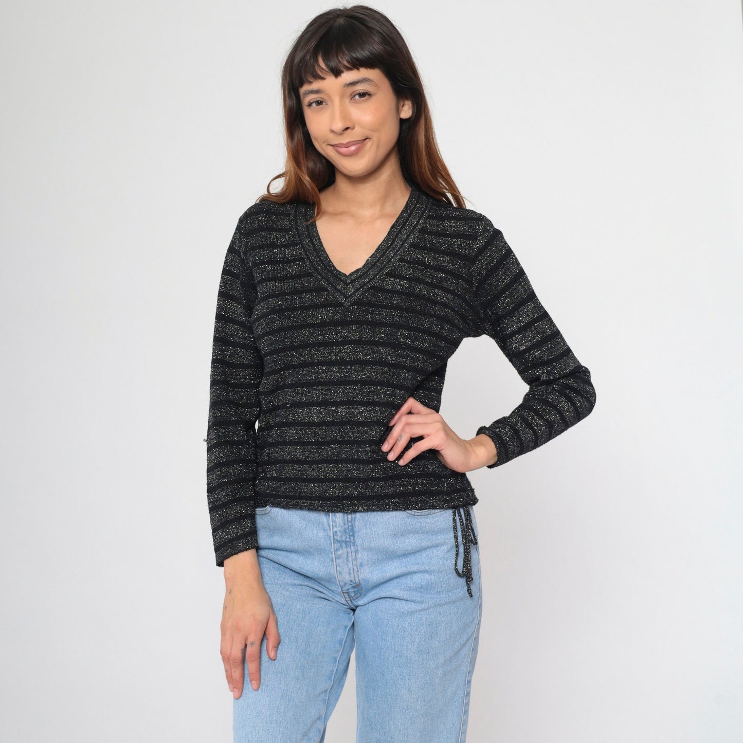 70s Metallic Striped Knit Sweater Silver Black V-Neck Pullover Small S
