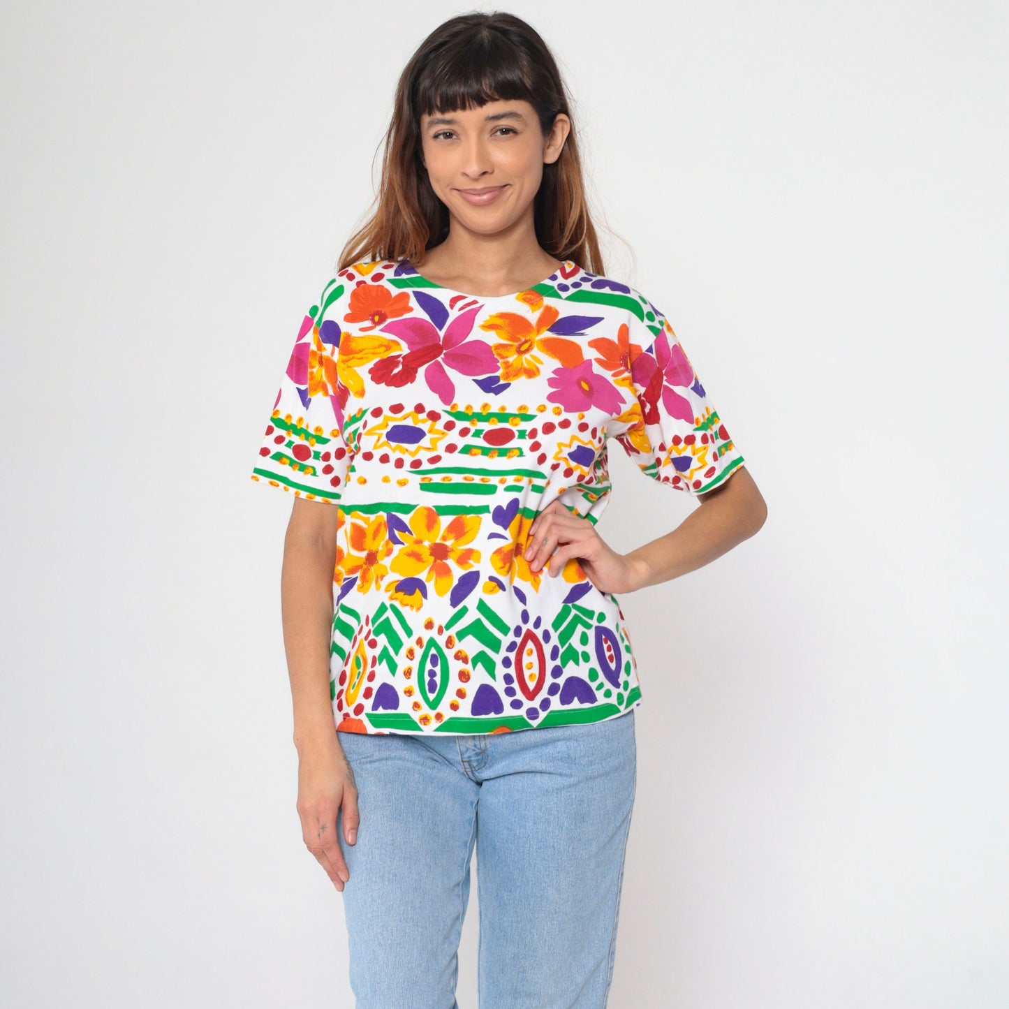 90s Tropical Floral Striped T-Shirt White Pink Orange Botanical Print Large L