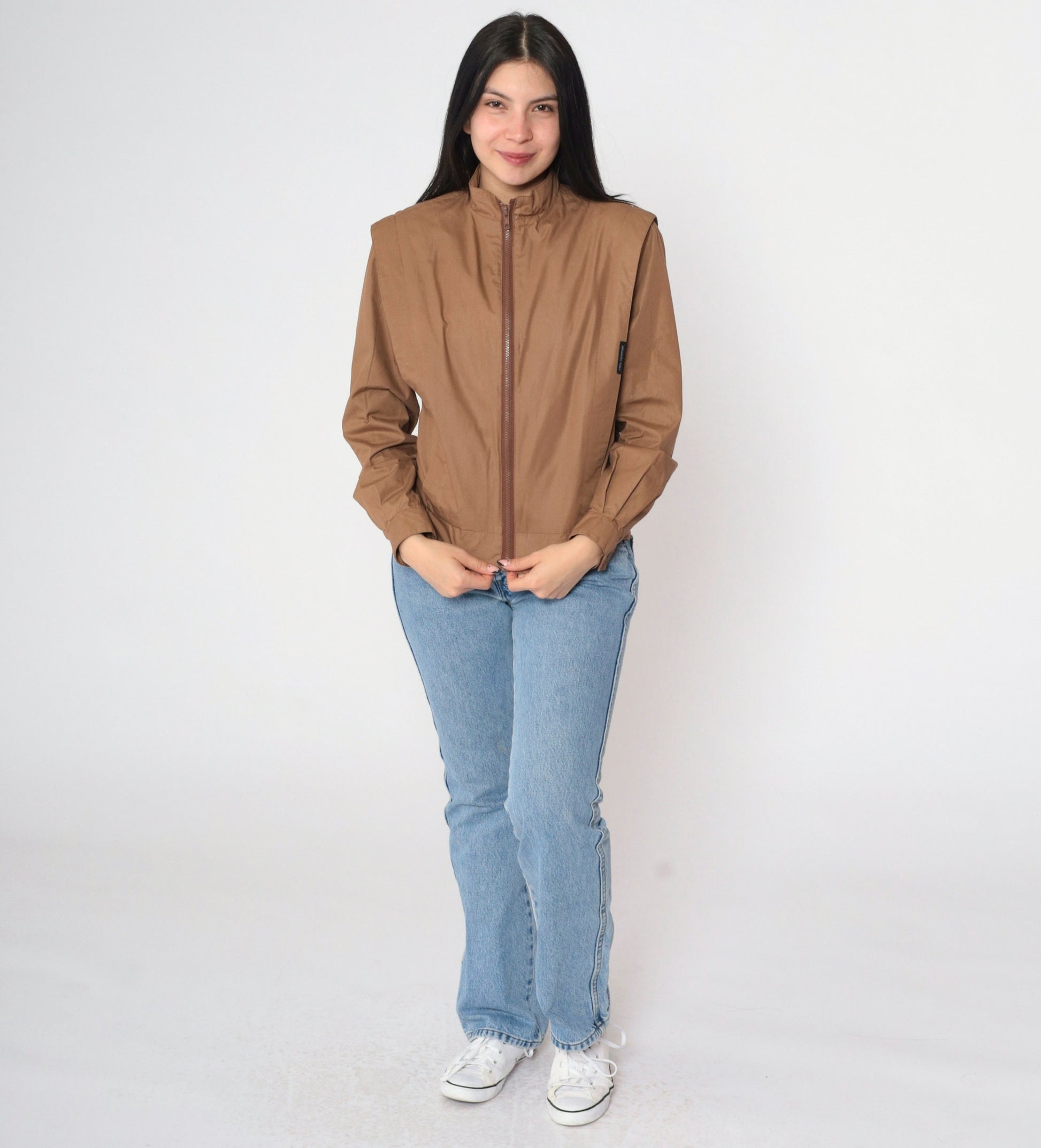 80s Members Only Brown Bomber Jacket Structured Pleats High Collar Small