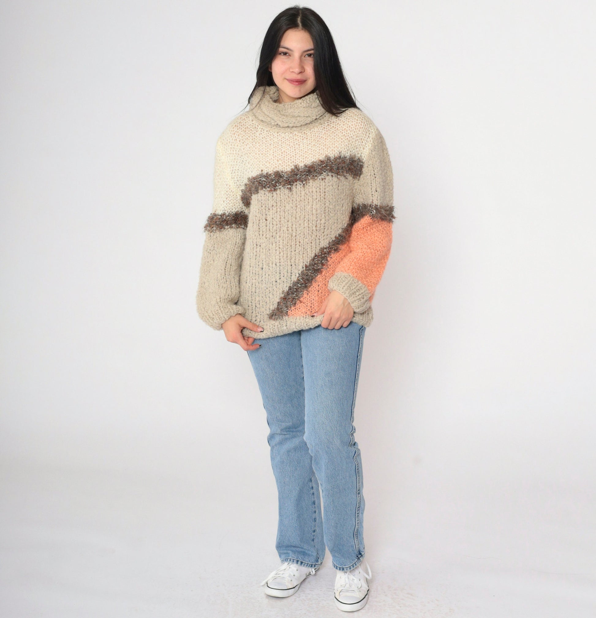 80s Color Block Turtleneck Sweater Beige Openwork Knit Geometric Pullover Small