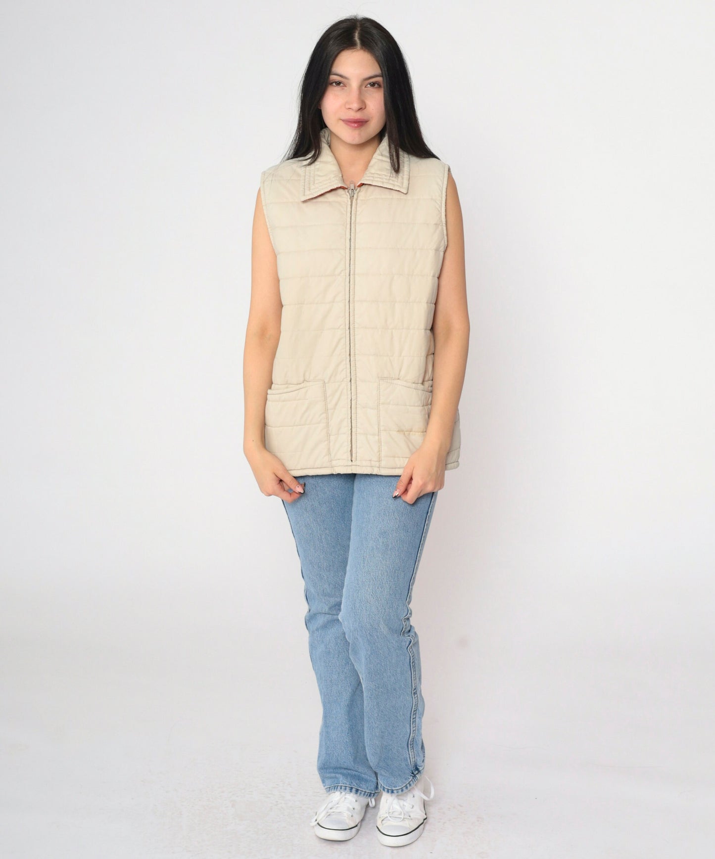 80s Beige Puffer Vest Zip-Up Sleeveless Jacket Rust Lining Medium