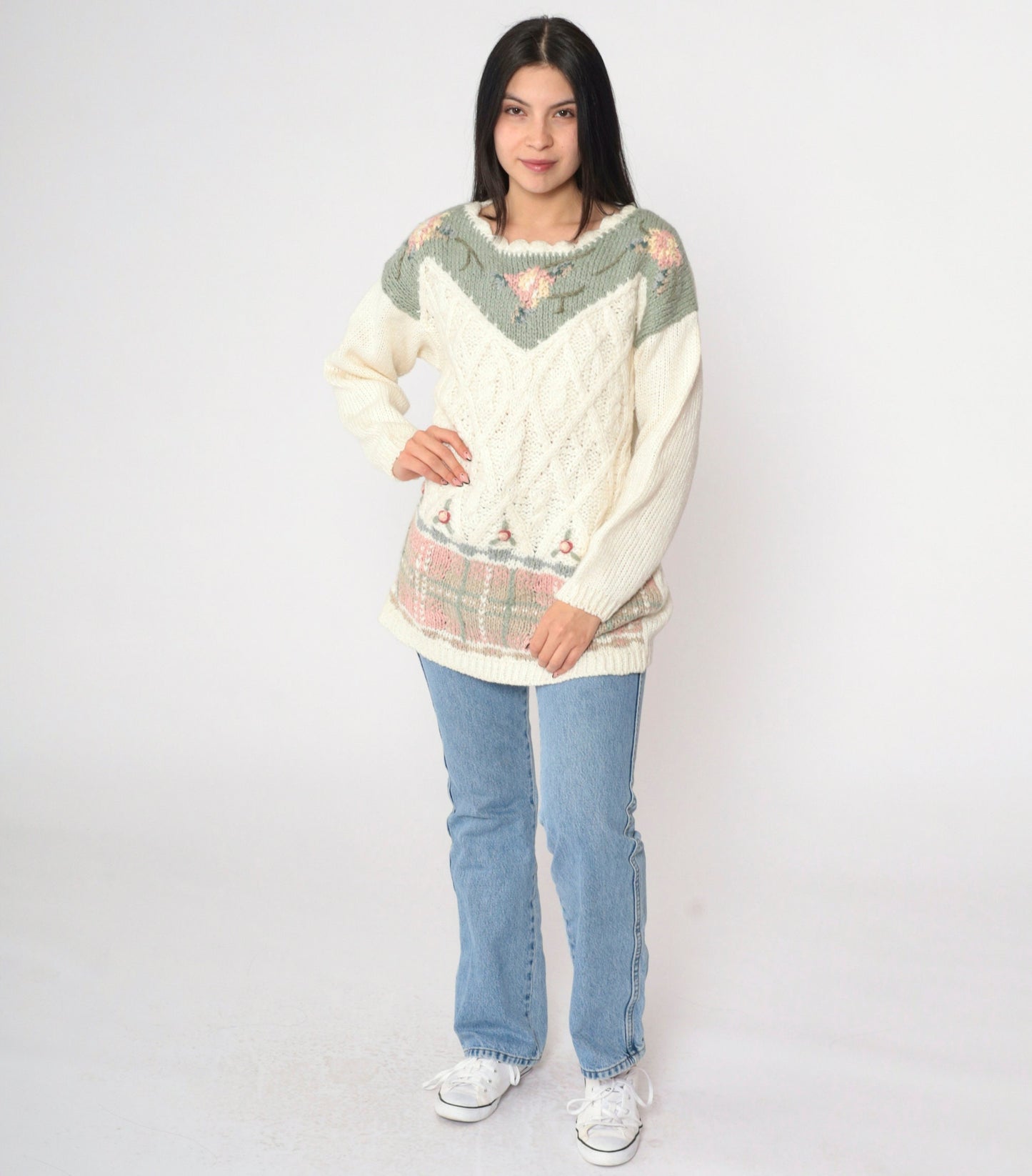 90s Casual Corner Hand-Knit Floral Sweater Cream Green Pink Large