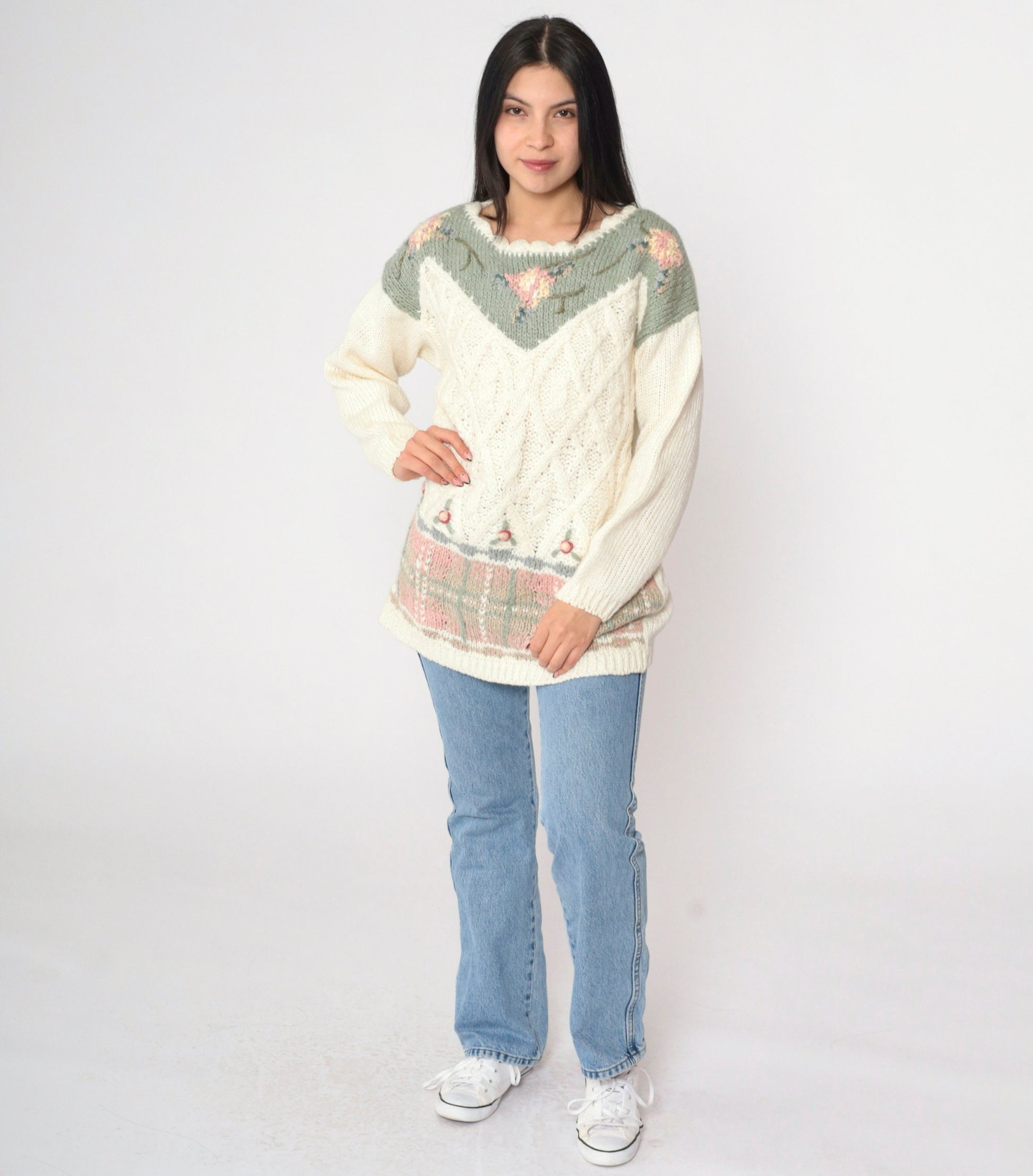 90s Casual Corner Hand-Knit Floral Sweater Cream Green Pink Large