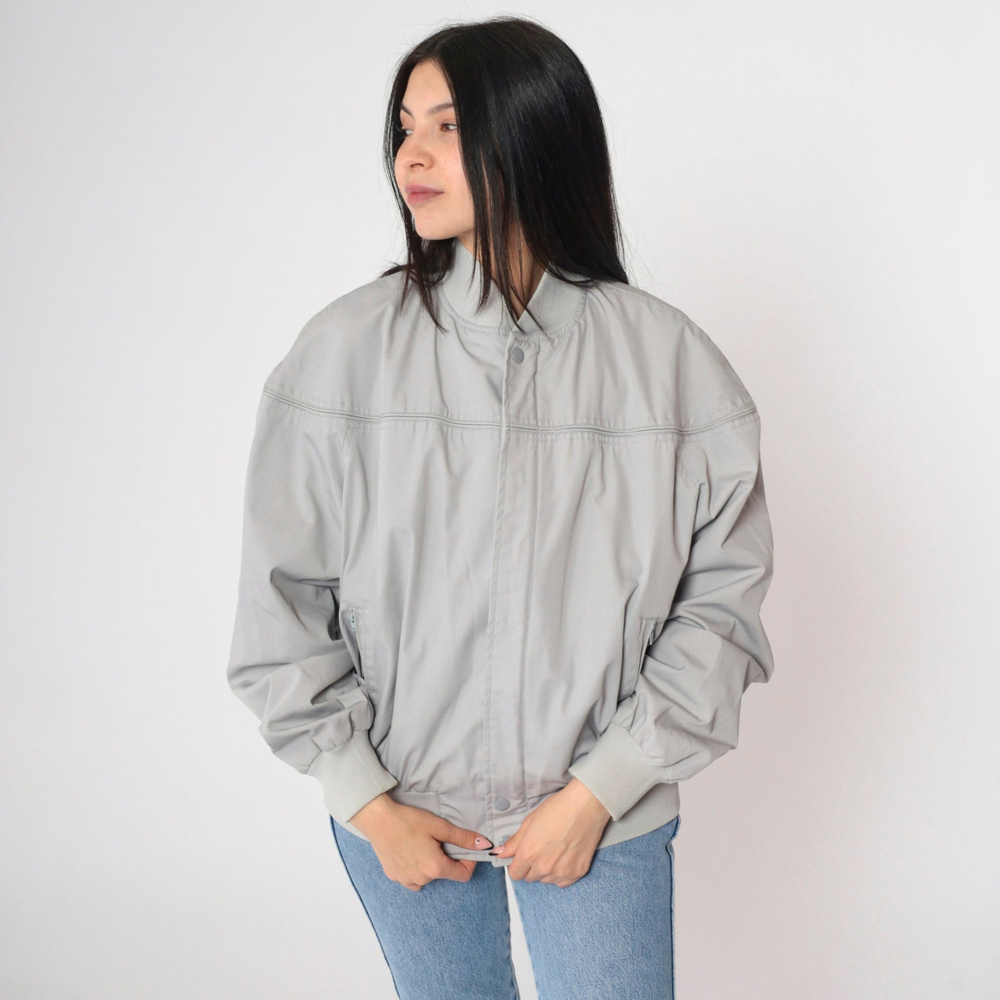 80s Grey Bomber Jacket Cafe Racer Windbreaker Vintage Moto Large