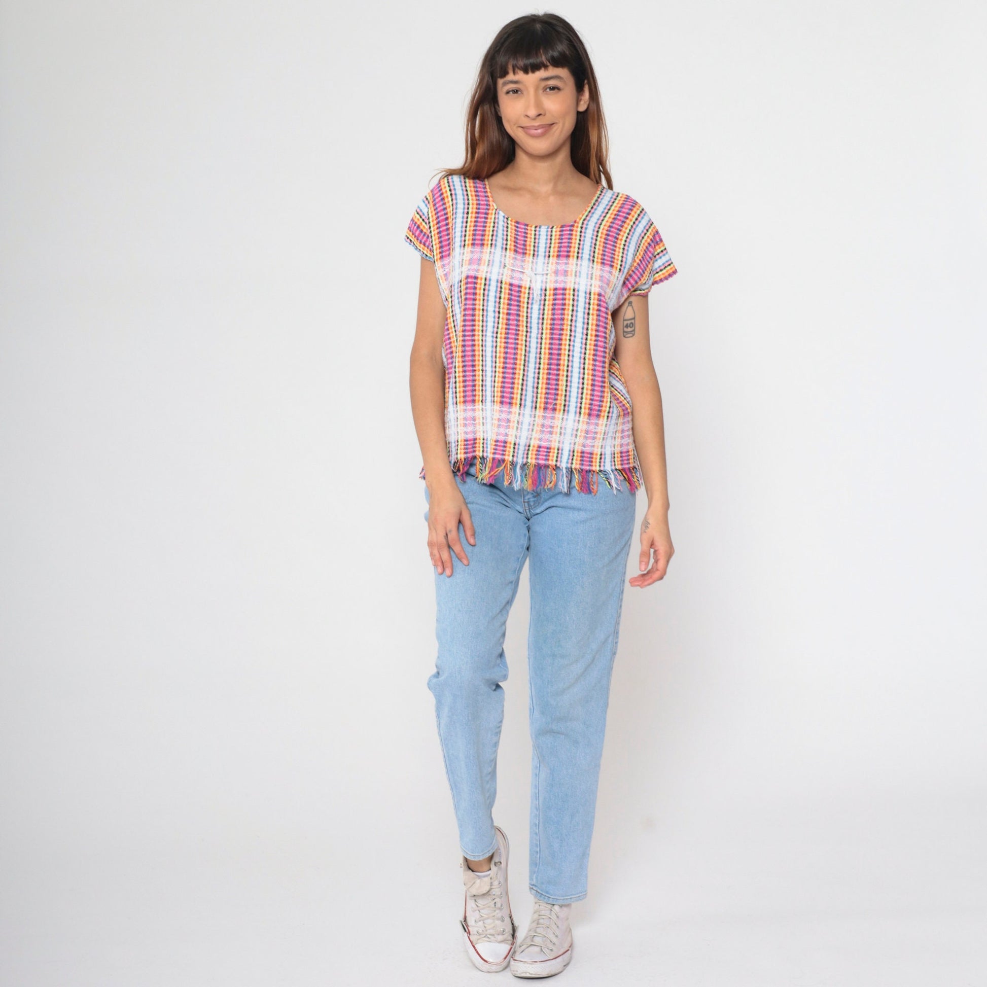 00s Mexican Neon Rainbow Striped Blouse Hot Pink Lace Trim Fringe Small