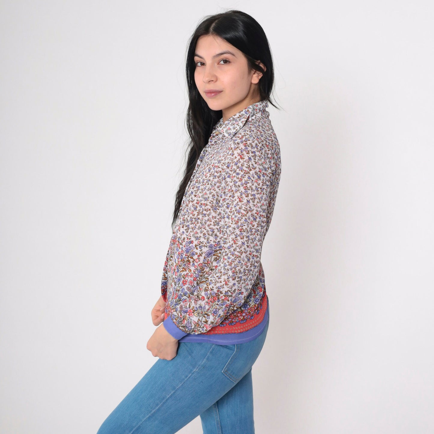 90s Floral Button-Up Blouse Long Sleeve Collared Shirt White Red Blue Extra Small