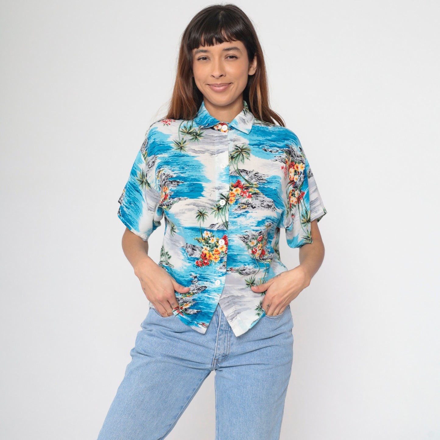 90s Hawaiian Shirt Palm Tree Tropical Print Blue Grey Button Up Medium