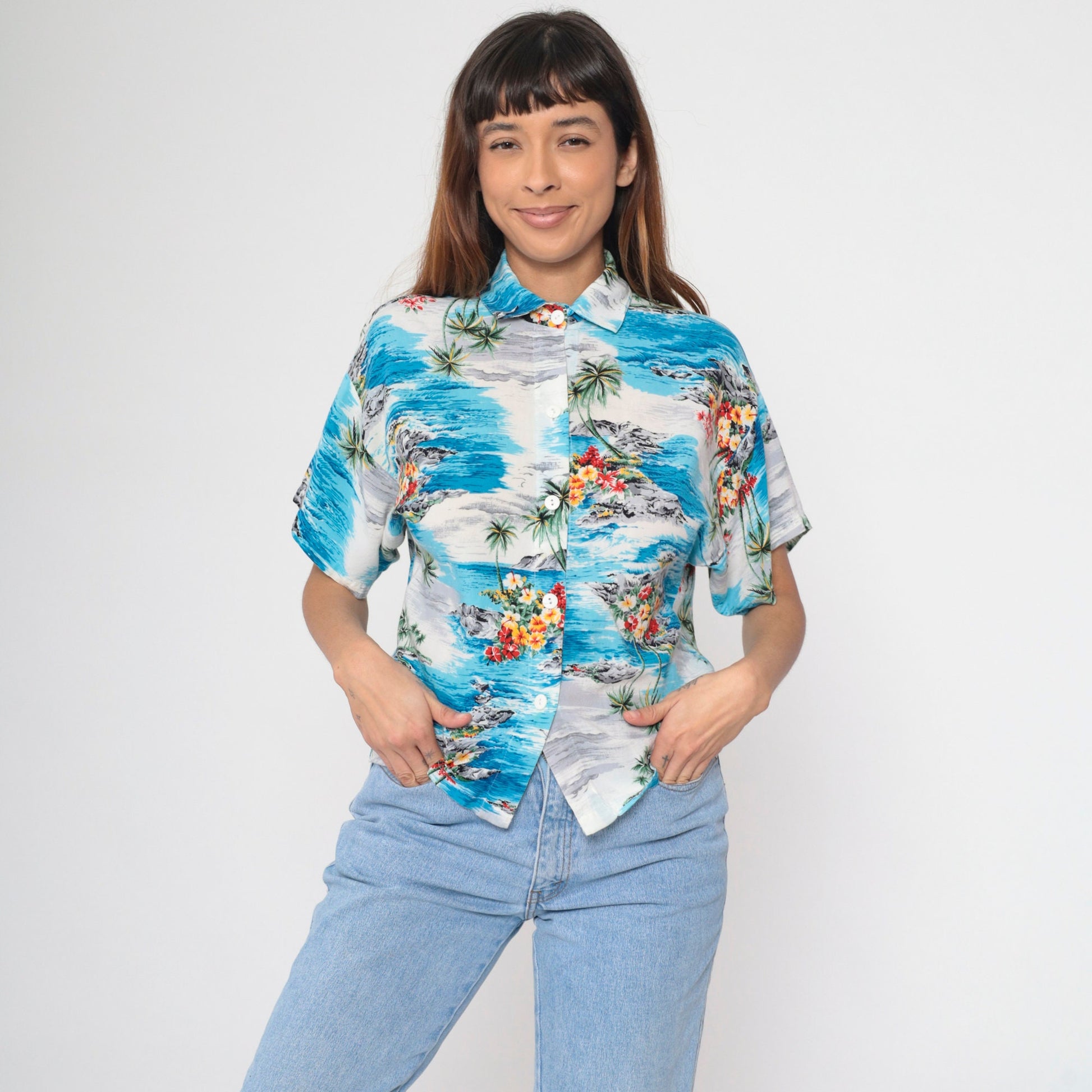 90s Hawaiian Shirt Palm Tree Tropical Print Blue Grey Button Up Medium