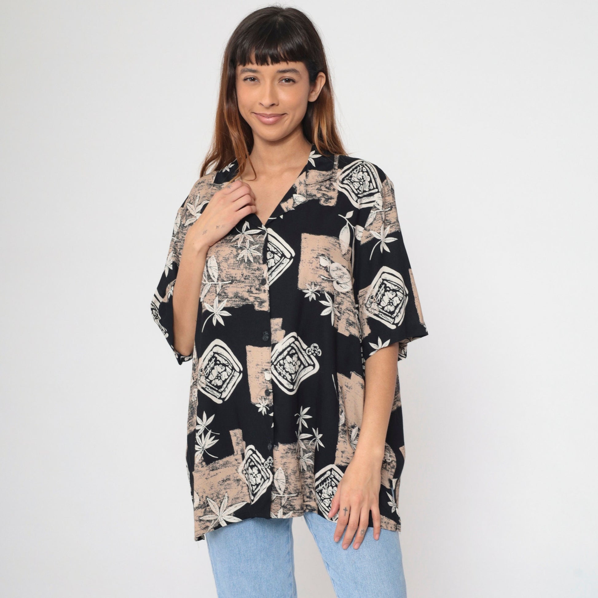 90s Alfred Dunner Button Up Blouse Leaf Floral Print Black Tan XXL