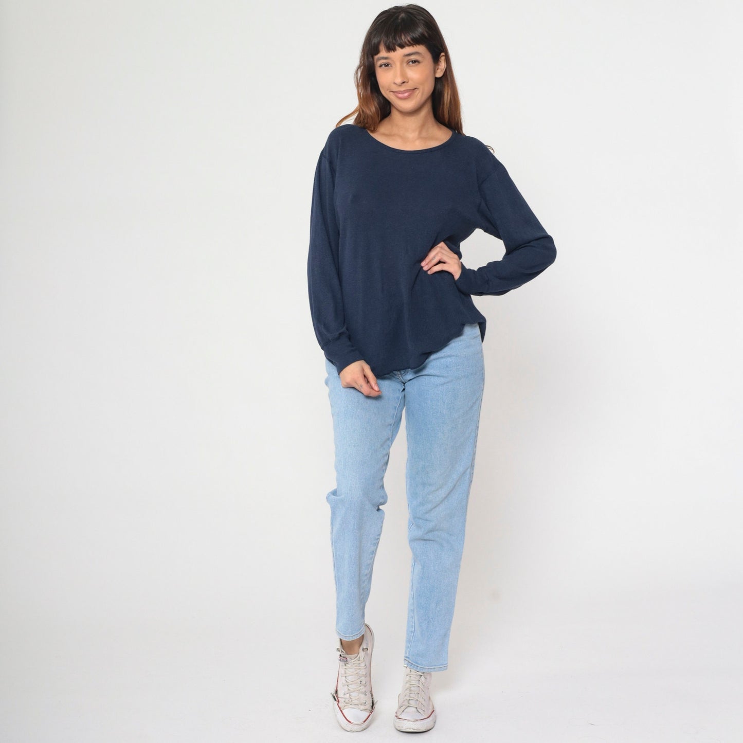 80s Navy Thermal Crewneck Long Sleeve Shirt Large