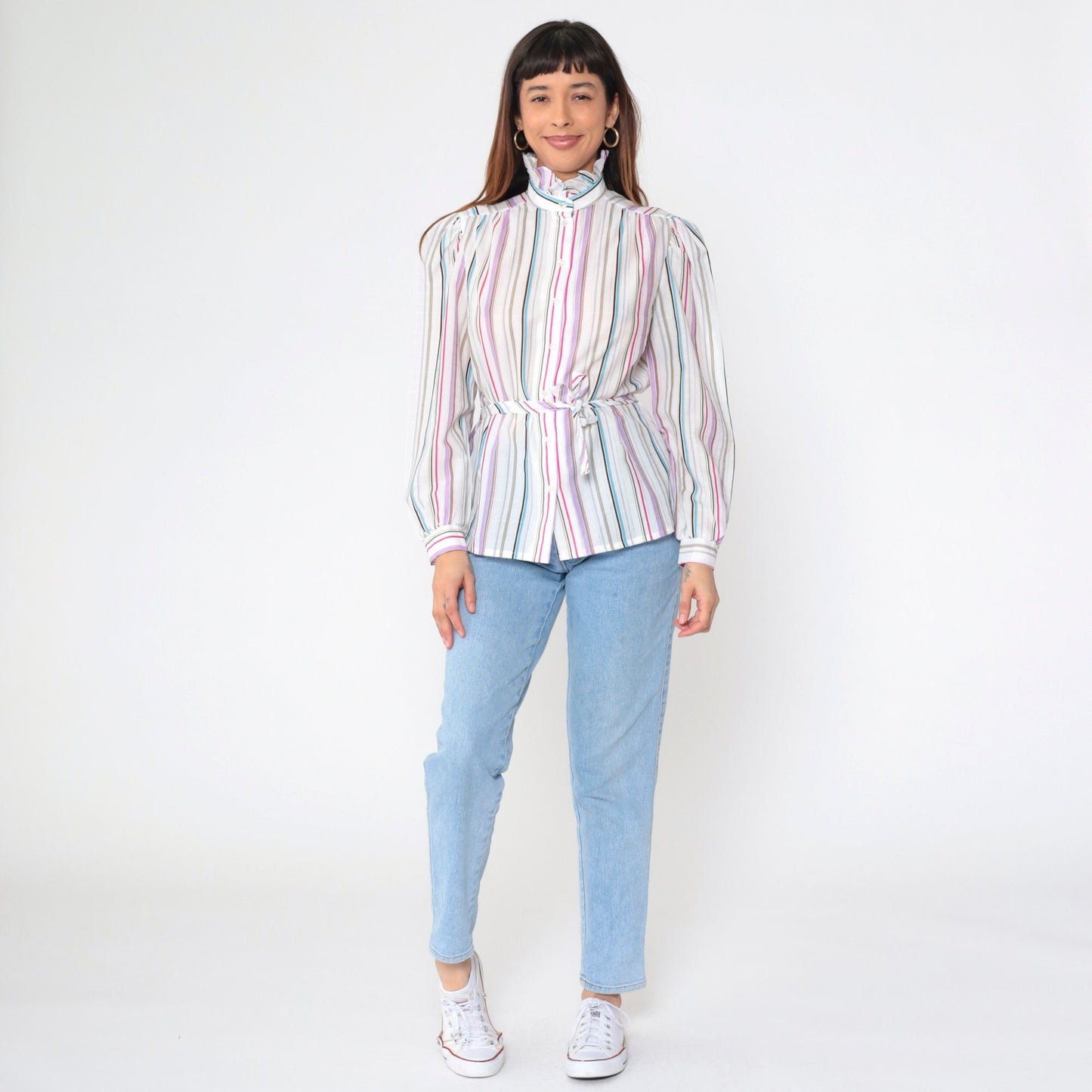 80s Jonquil Striped Button-Up Blouse Puff Sleeve Ruffle Collar Multicolor Large