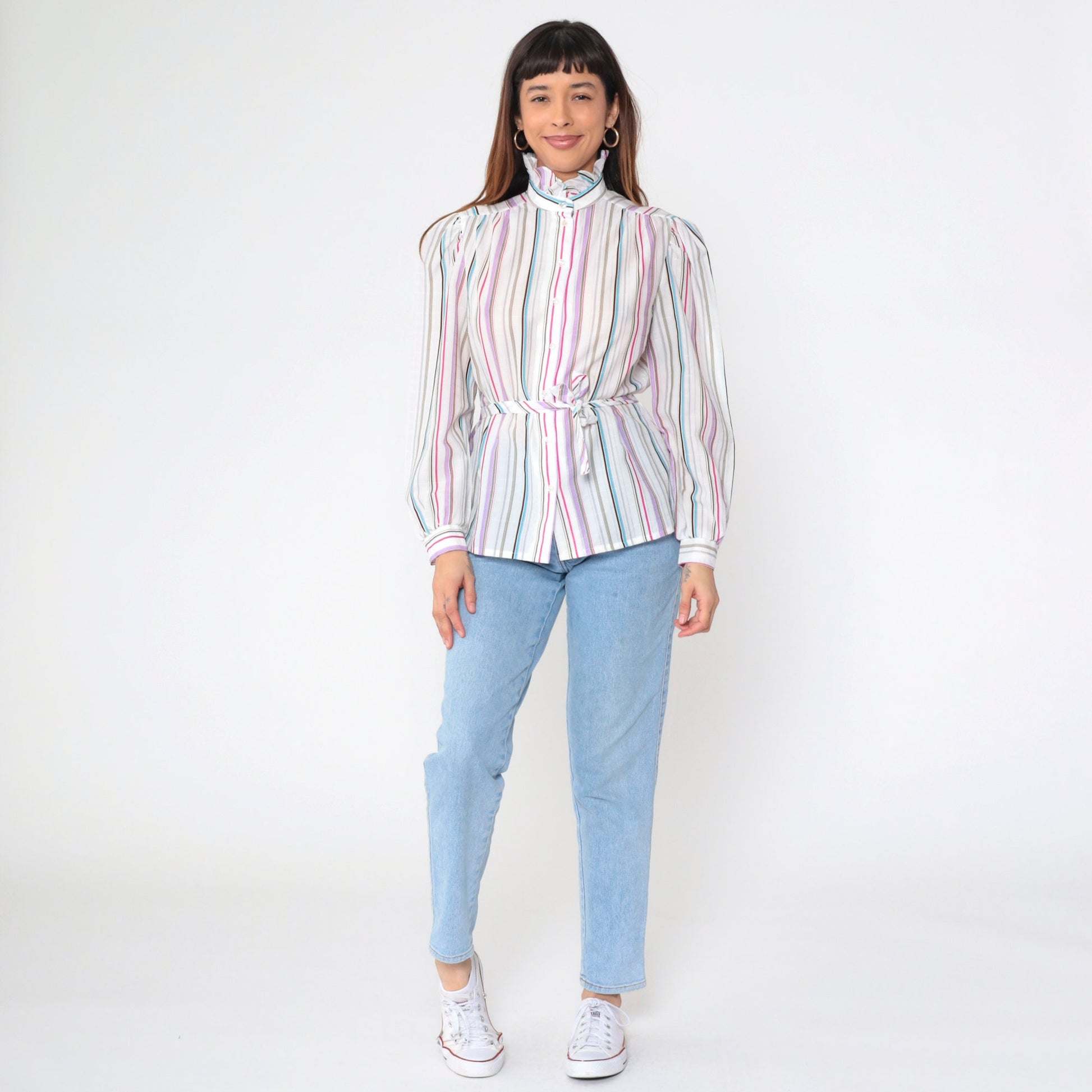 80s Jonquil Striped Button-Up Blouse Puff Sleeve Ruffle Collar Multicolor Large