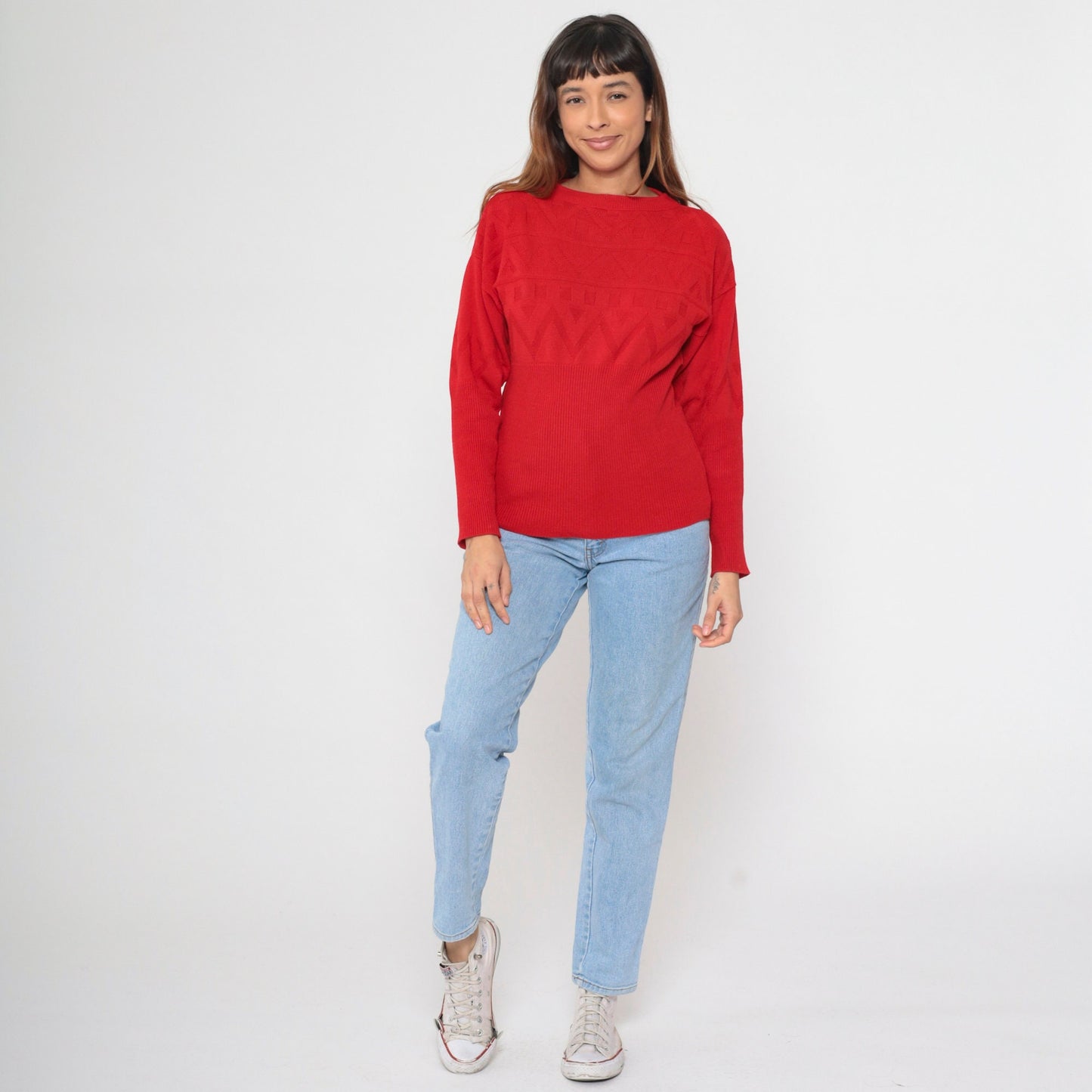 80s Red Textured Knit Sweater Zig Zag Geometric Ribbed Waist Small Medium