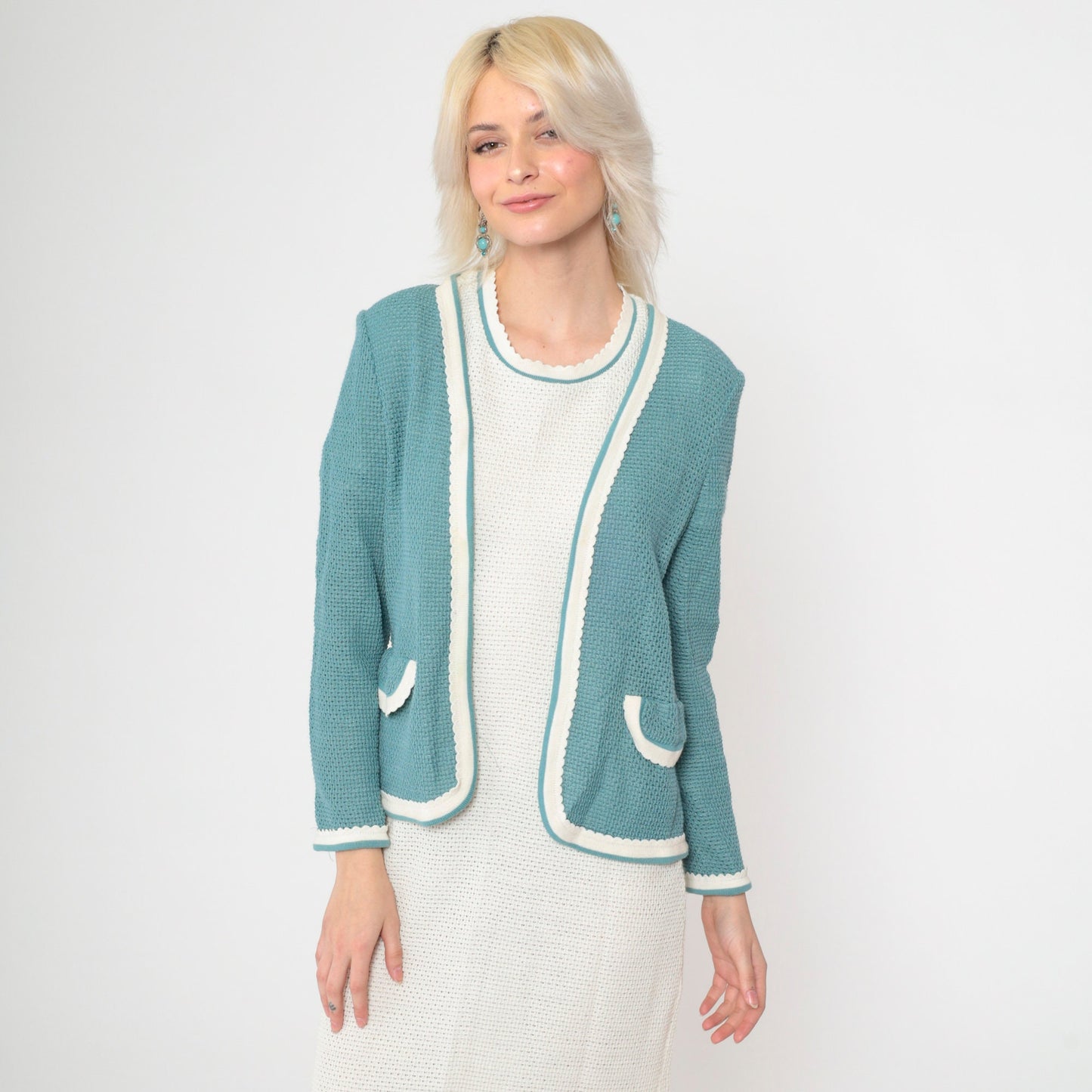 70s White Openwork Knit Midi Dress & Cardigan Set Teal Trim Small