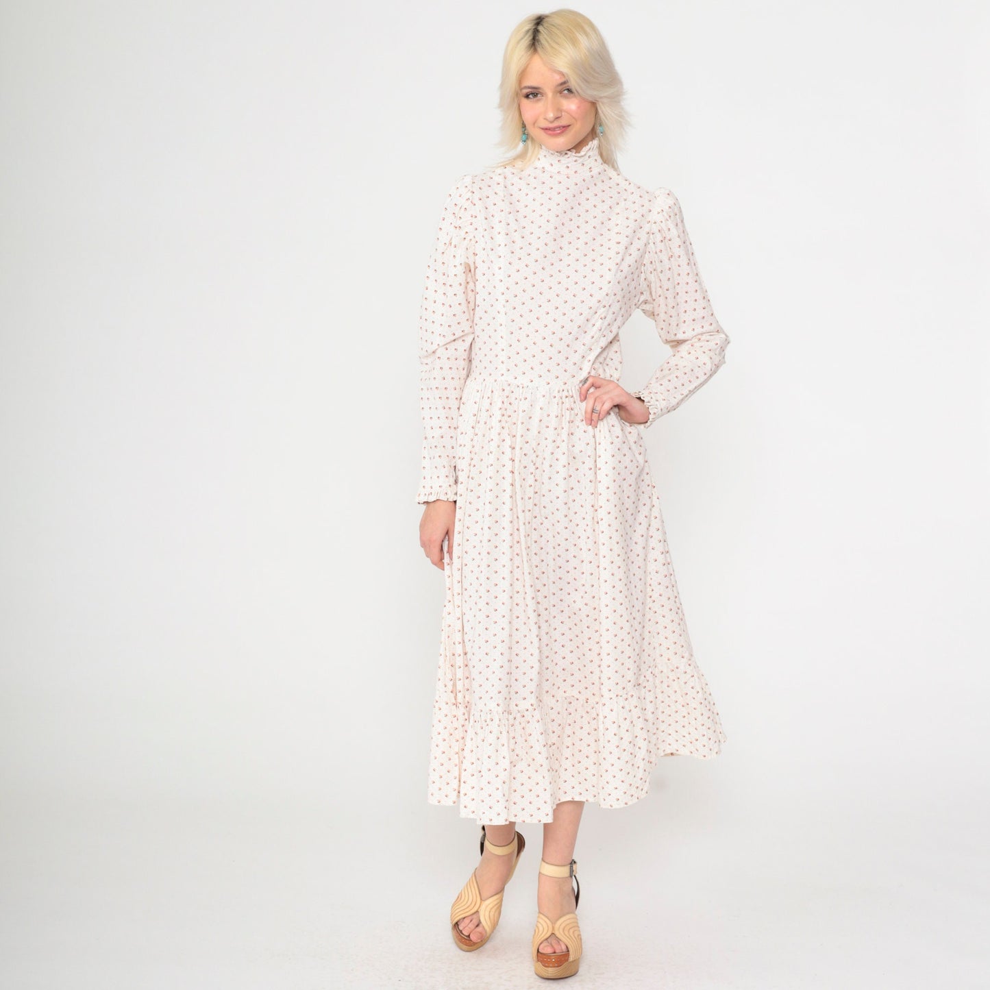 70s White Calico Floral Midi Dress Puff Sleeve High Neck Ruffled Small