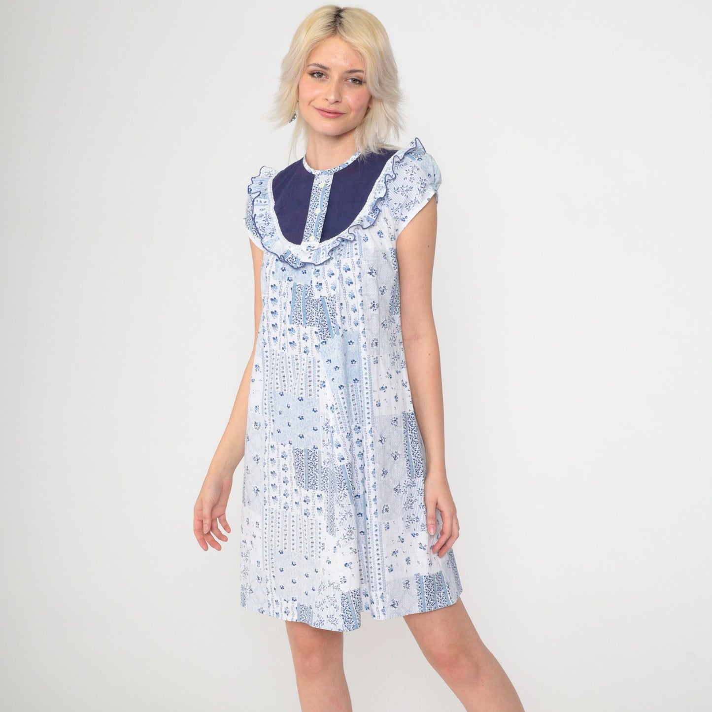 70s Liberty House Floral Patchwork Mini Dress Blue White Puff Sleeve 2XS