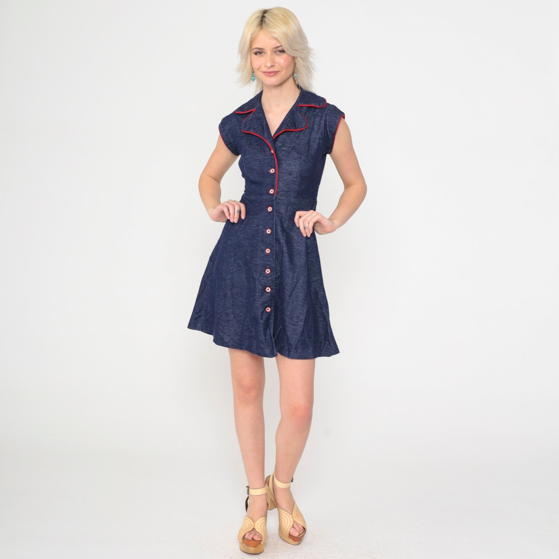 70s Dark Blue Mini Dress Cap Sleeve High Waist Button Up Flared Shirtdress Extra Small