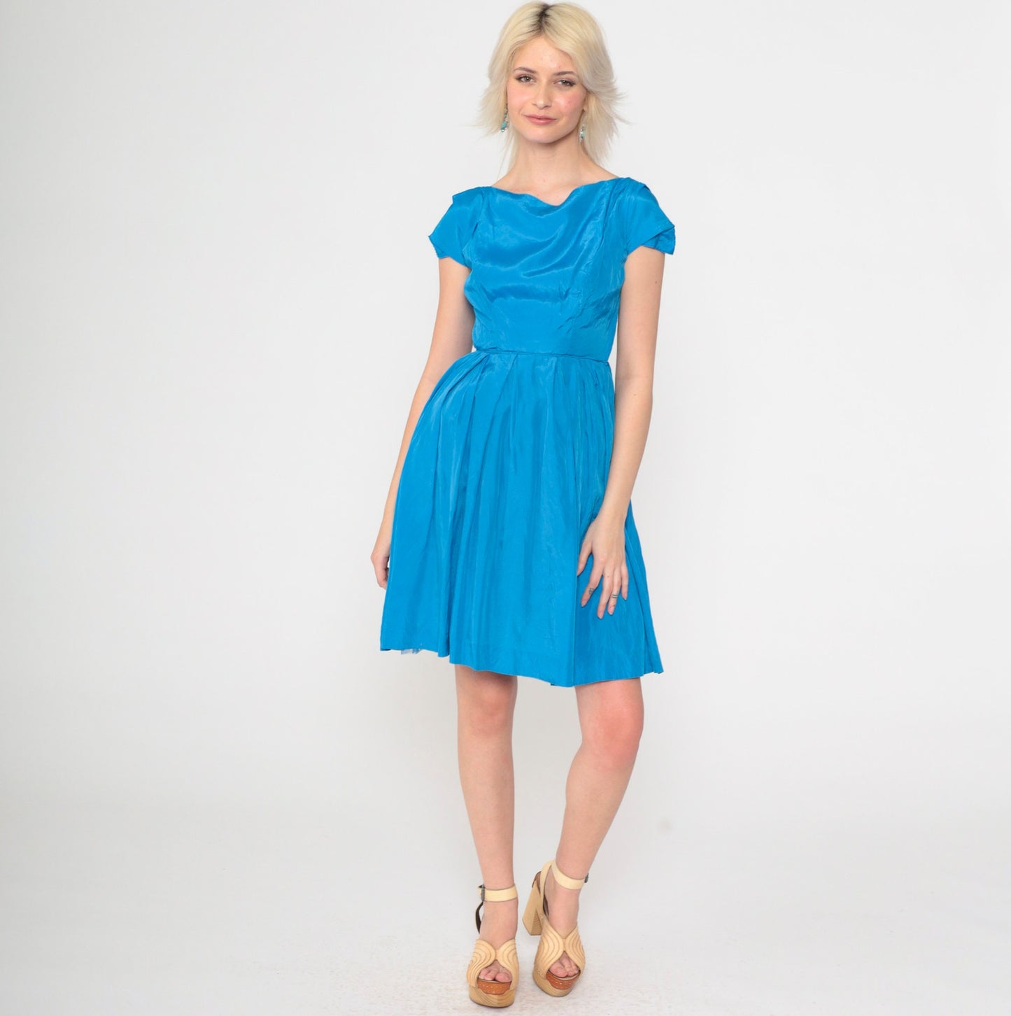 1950s Lorrie Deb San Francisco Blue Bow Cocktail Dress Cap Sleeve Extra Small