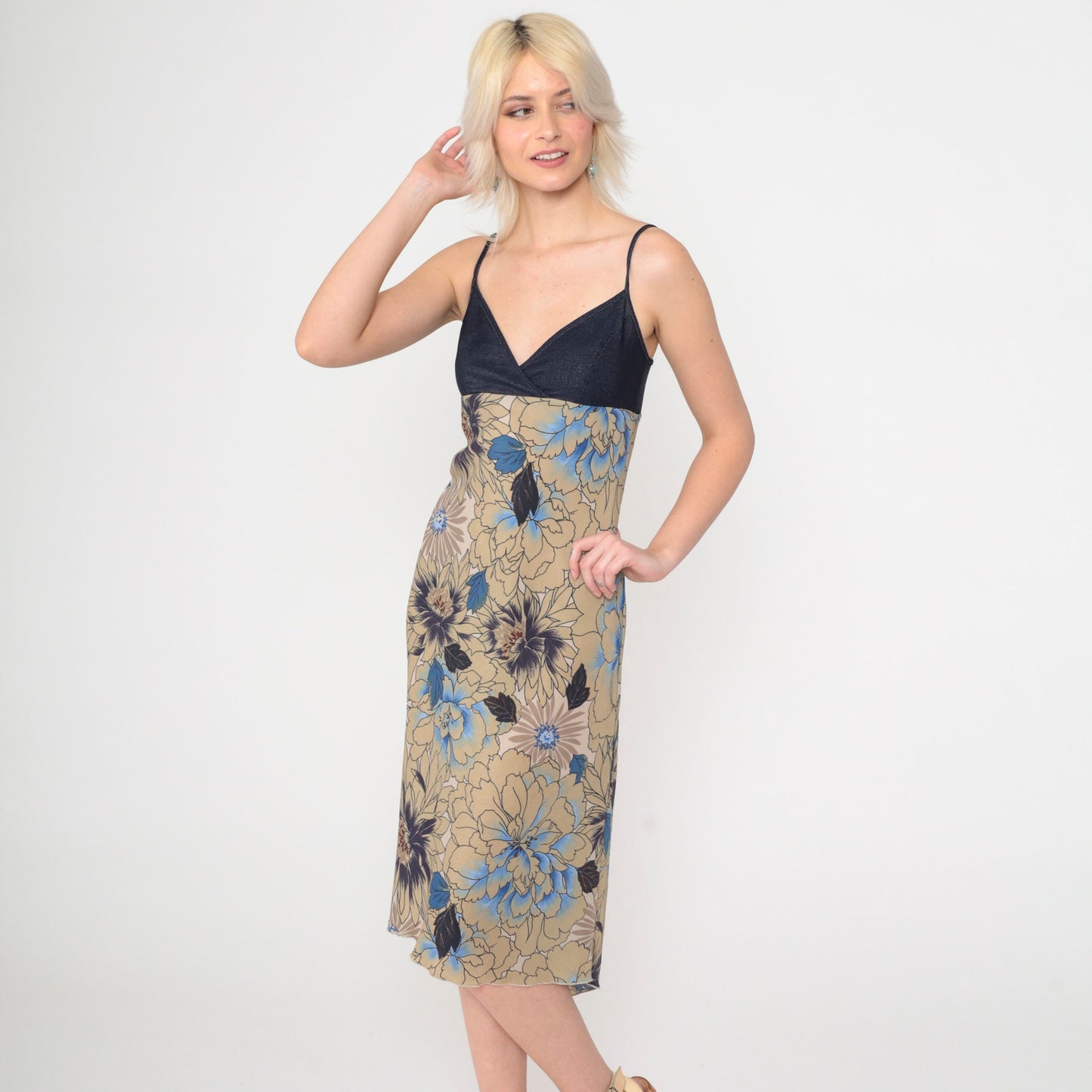 Y2K Dark Blue Denim Floral High-Low Midi Sundress Empire Waist Extra Small