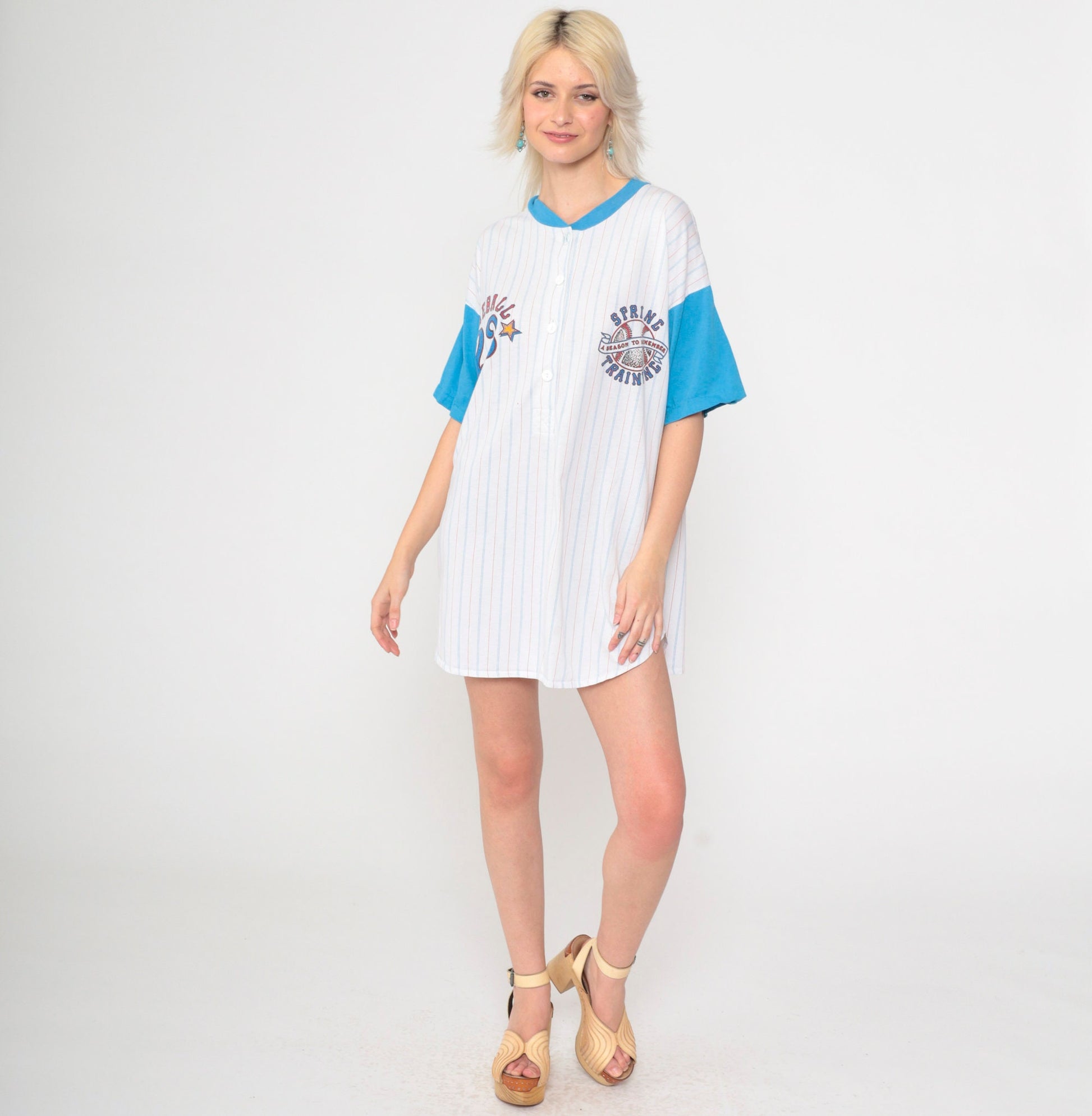 90s Baseball 23 Spring Training Pajama Dress White Mini Henley Small-Large