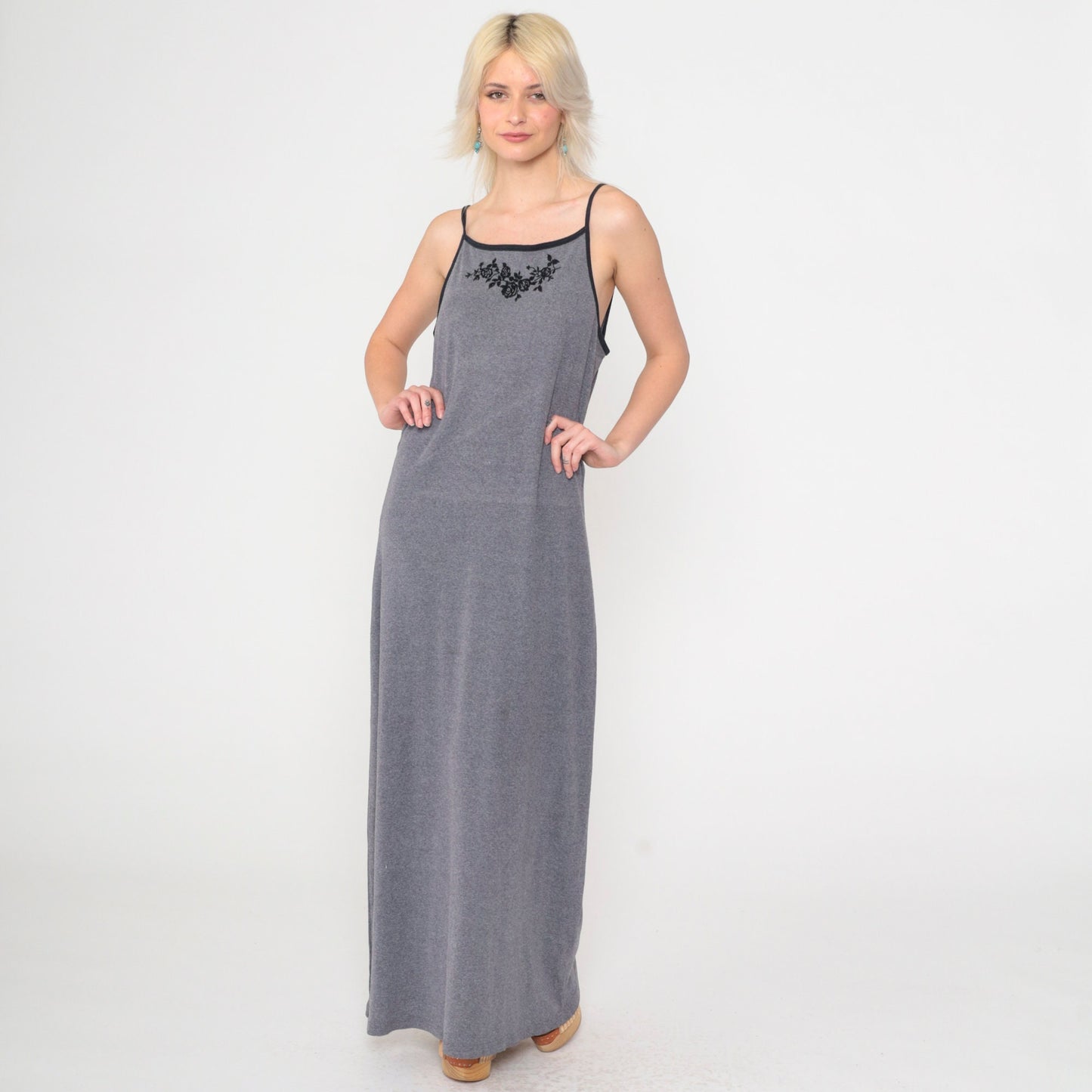 Y2K Grey Floral Maxi Dress Spaghetti Strap Bodycon 00s Xhilaration Medium
