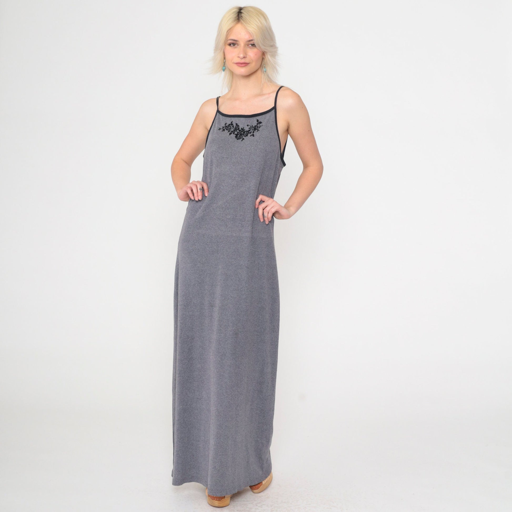 Y2K Grey Floral Maxi Dress Spaghetti Strap Bodycon 00s Xhilaration Medium