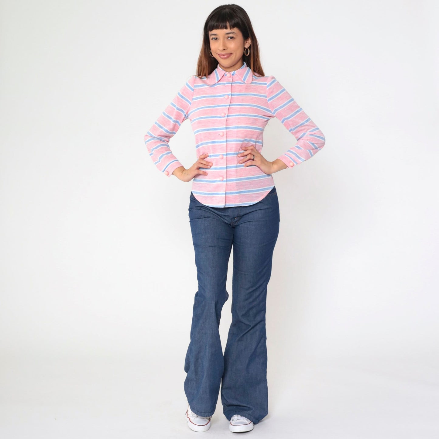 70s Pink Striped Shirt Dog Ear Collar Long Sleeve Button Up Small
