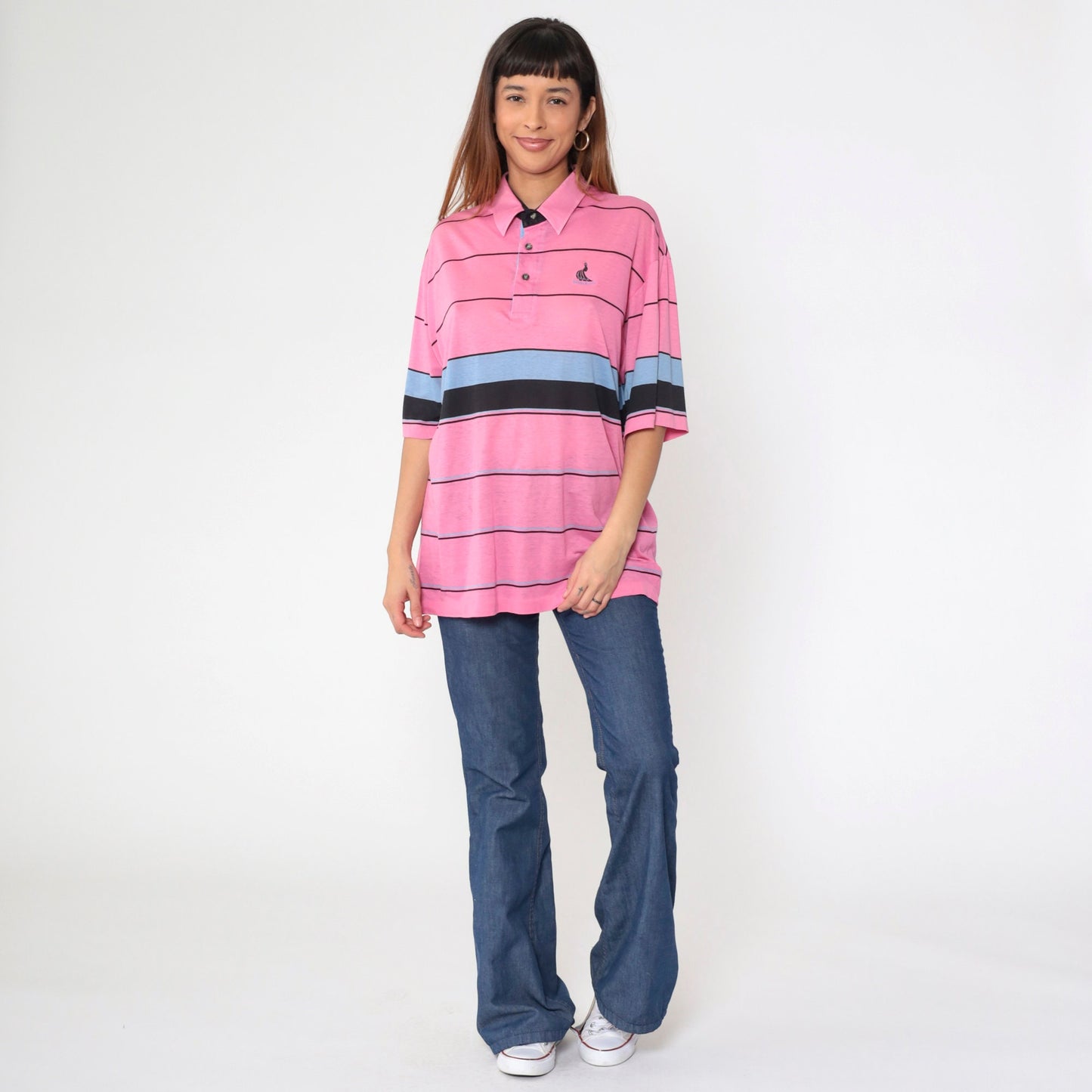 80s Santa Anita Park Peacock Polo Shirt Pink Striped Button Up Extra Large XL