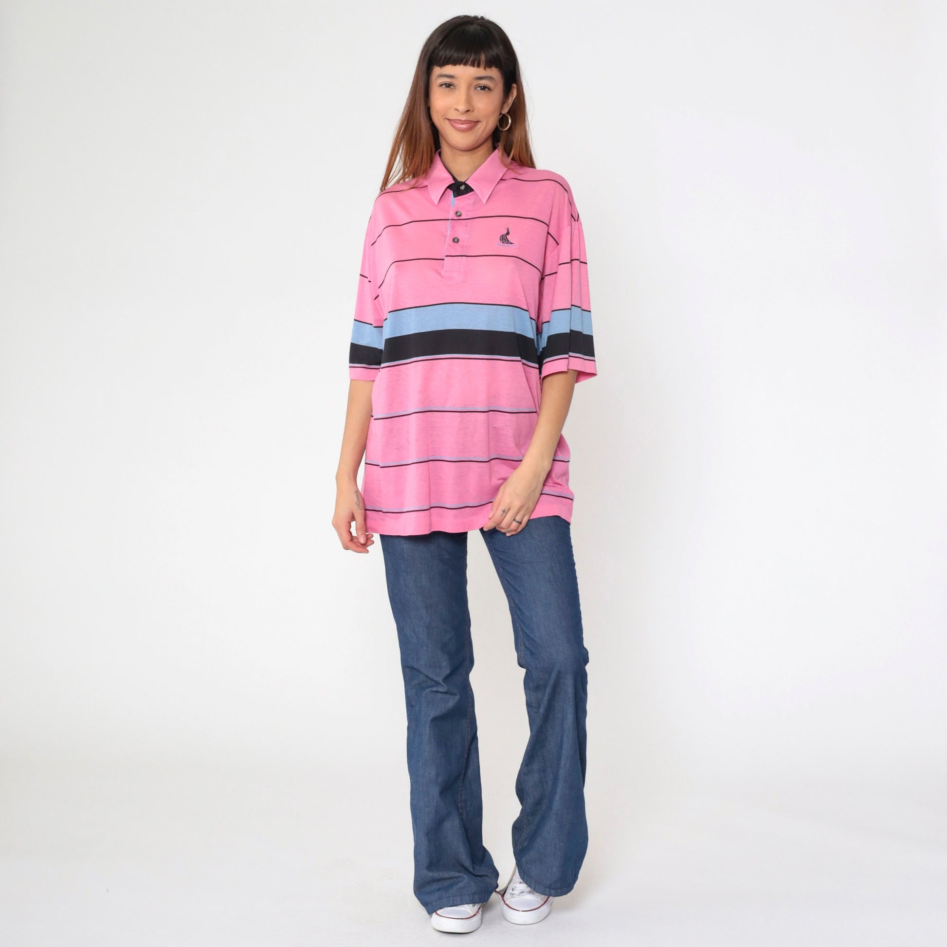 80s Santa Anita Park Peacock Polo Shirt Pink Striped Button Up Extra Large XL