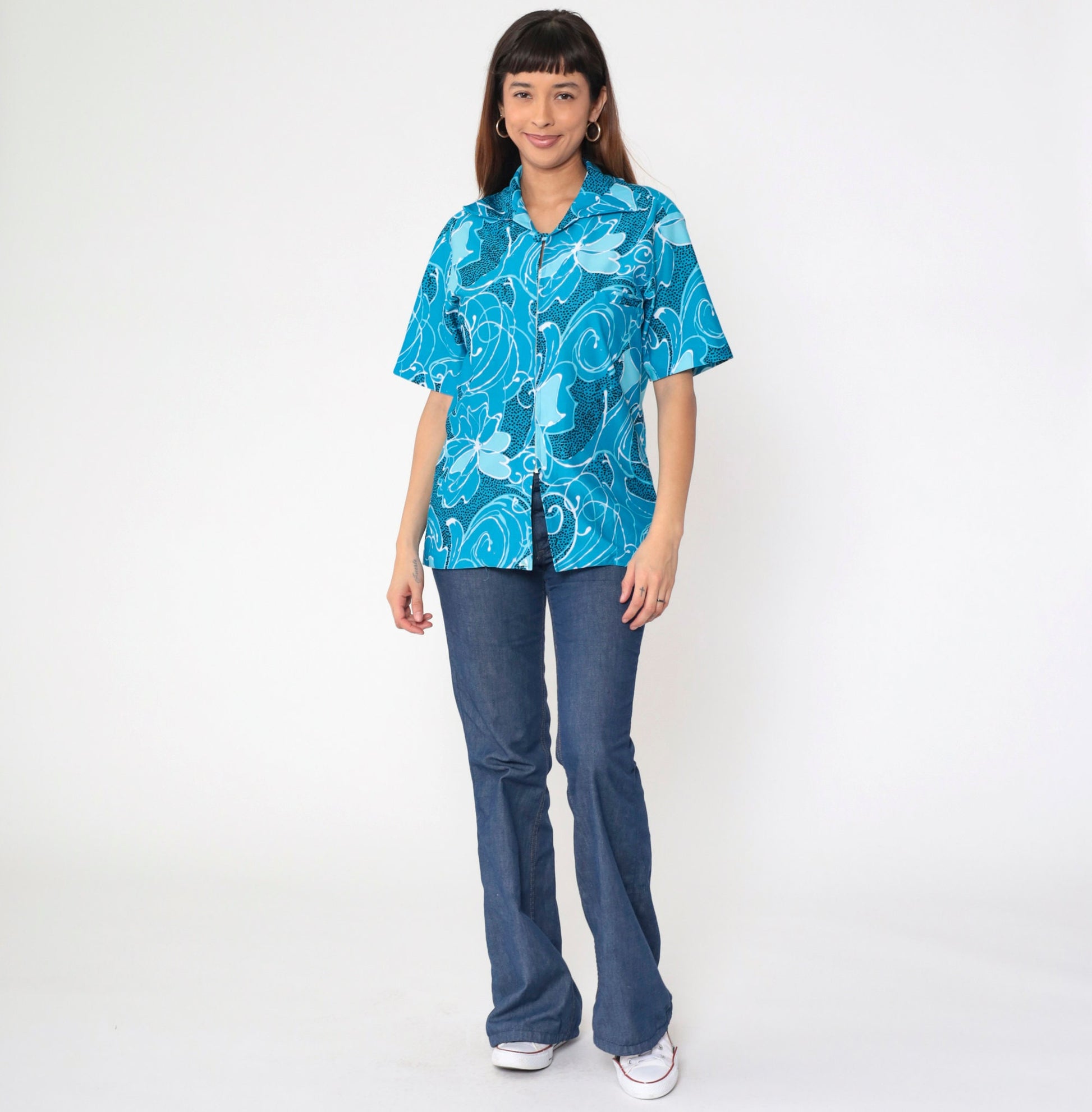 70s Blue Floral Abstract Zip-Up Blouse Short Sleeve Medium Large