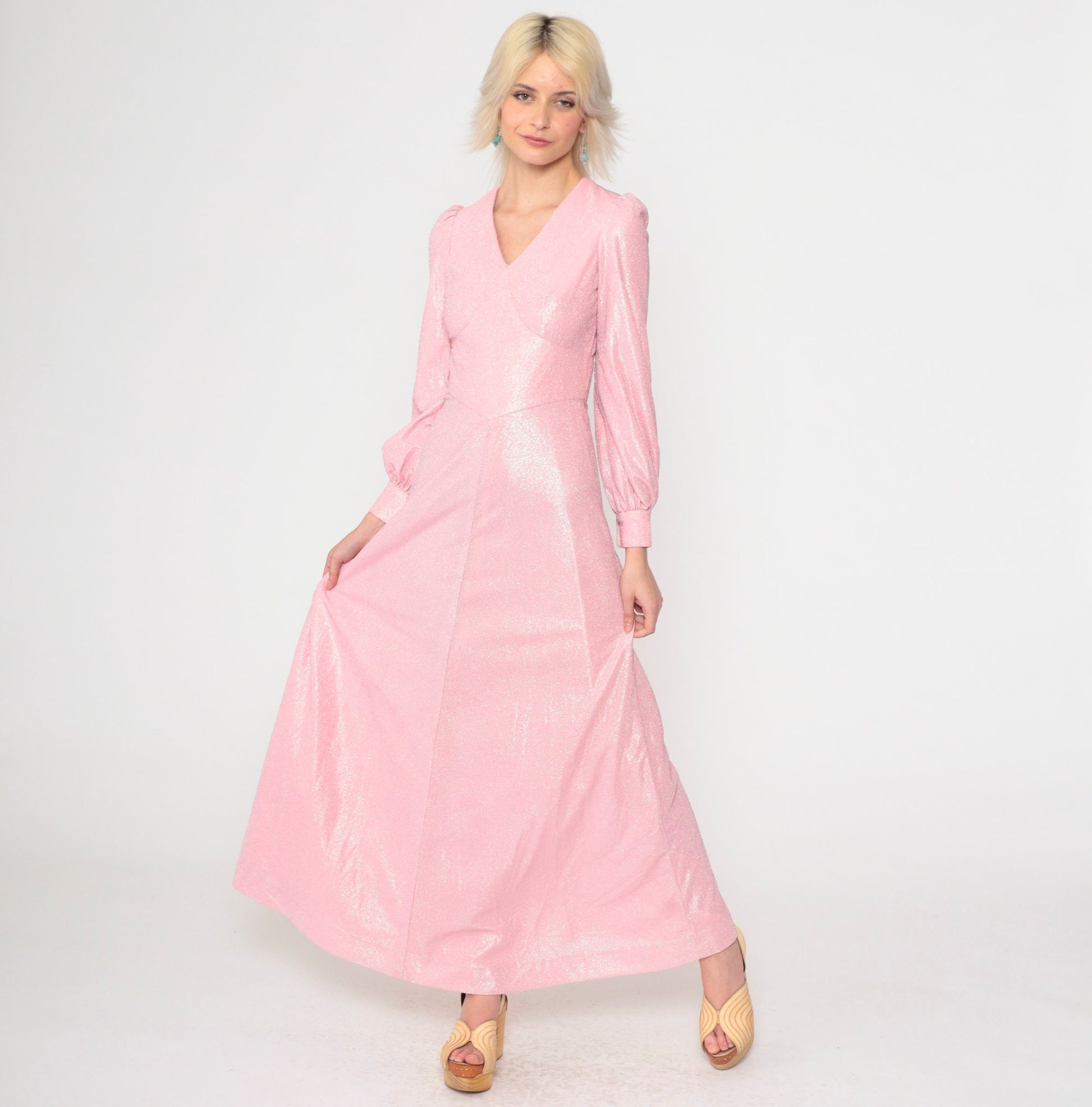 70s Metallic Baby Pink Maxi Dress Puff Sleeve V-Neck High Waist Extra Small