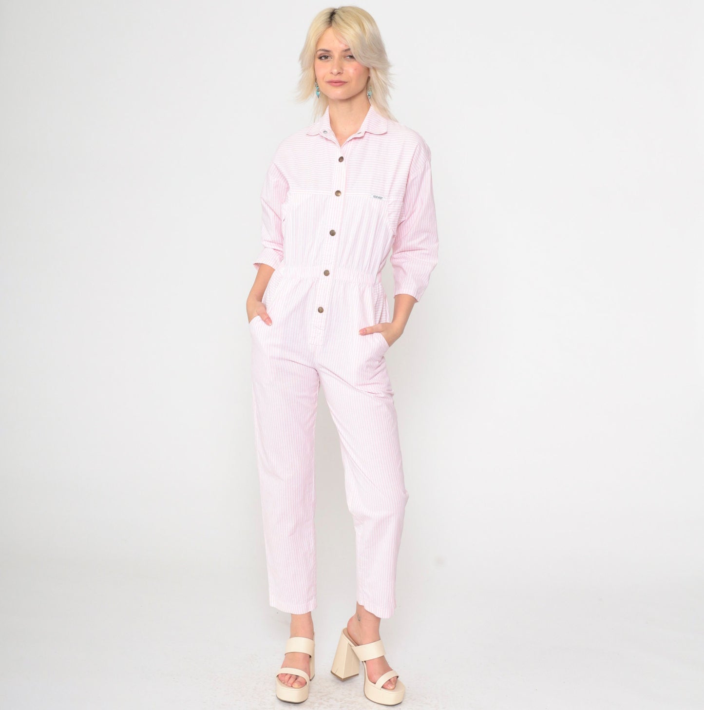 80s Ideas Pink White Striped Jumpsuit High Waisted Tapered Small