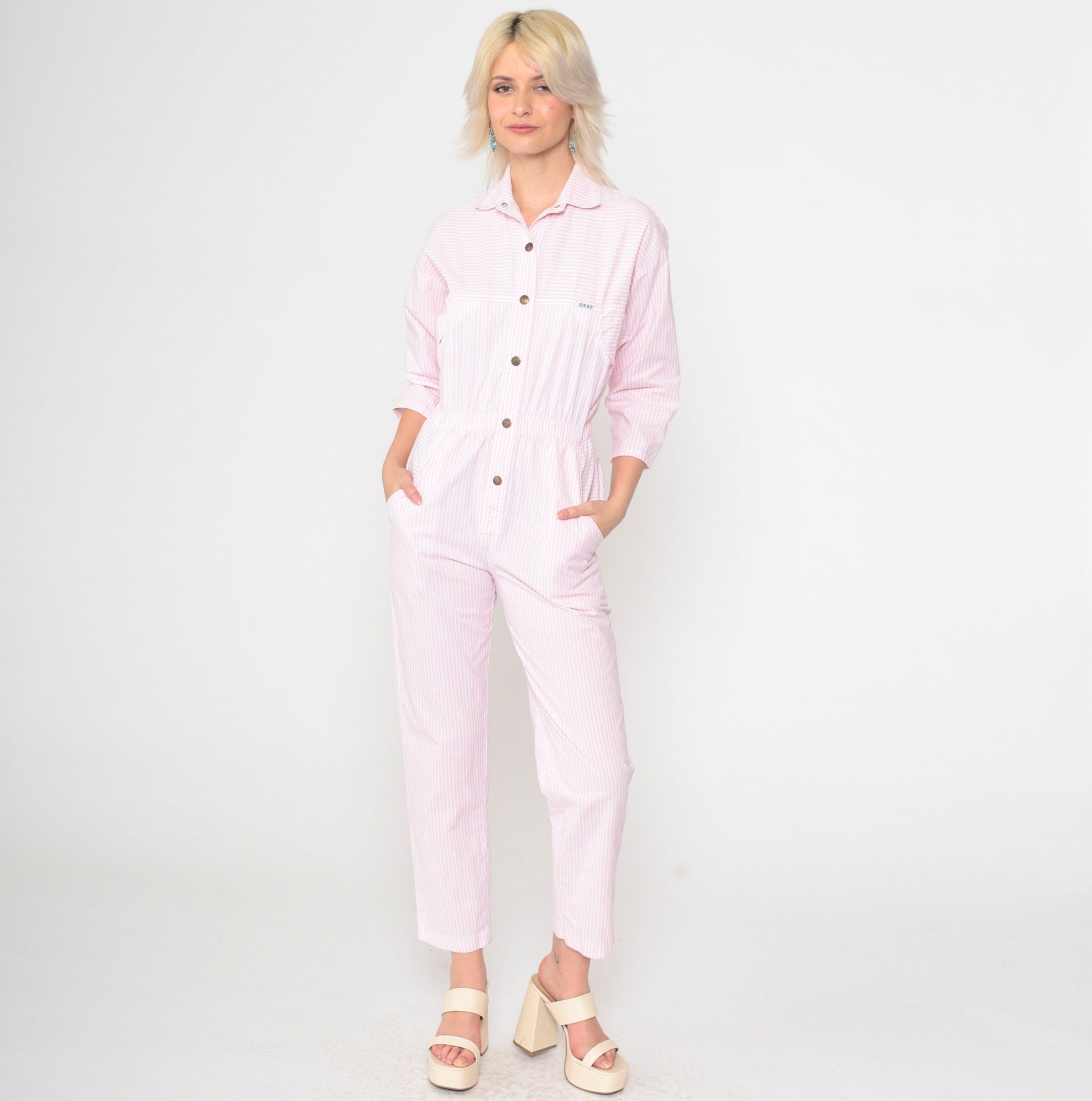 80s Ideas Pink White Striped Jumpsuit High Waisted Tapered Small