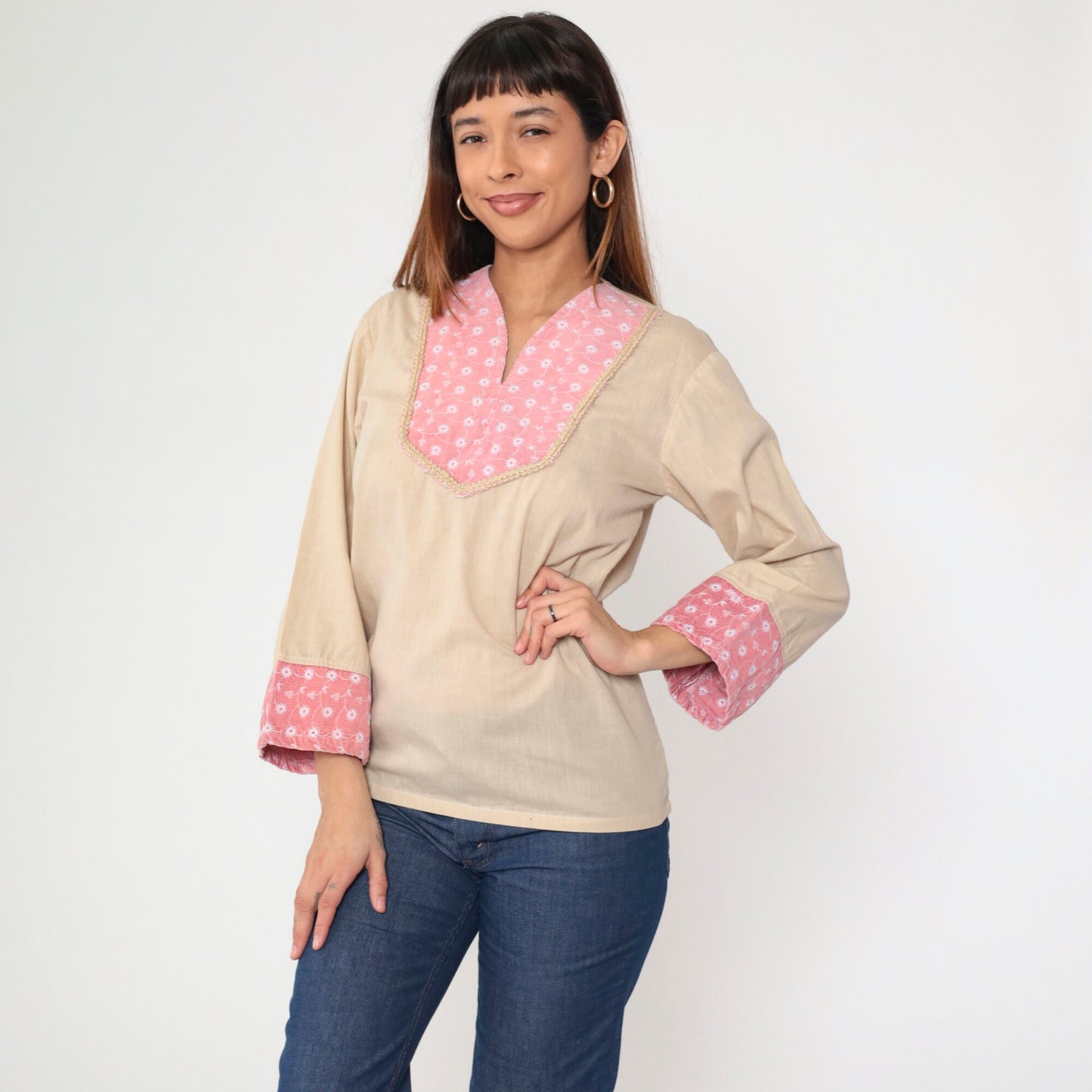 70s Kennington Embroidered Tunic Top Beige Corduroy Floral V-Neck Small
