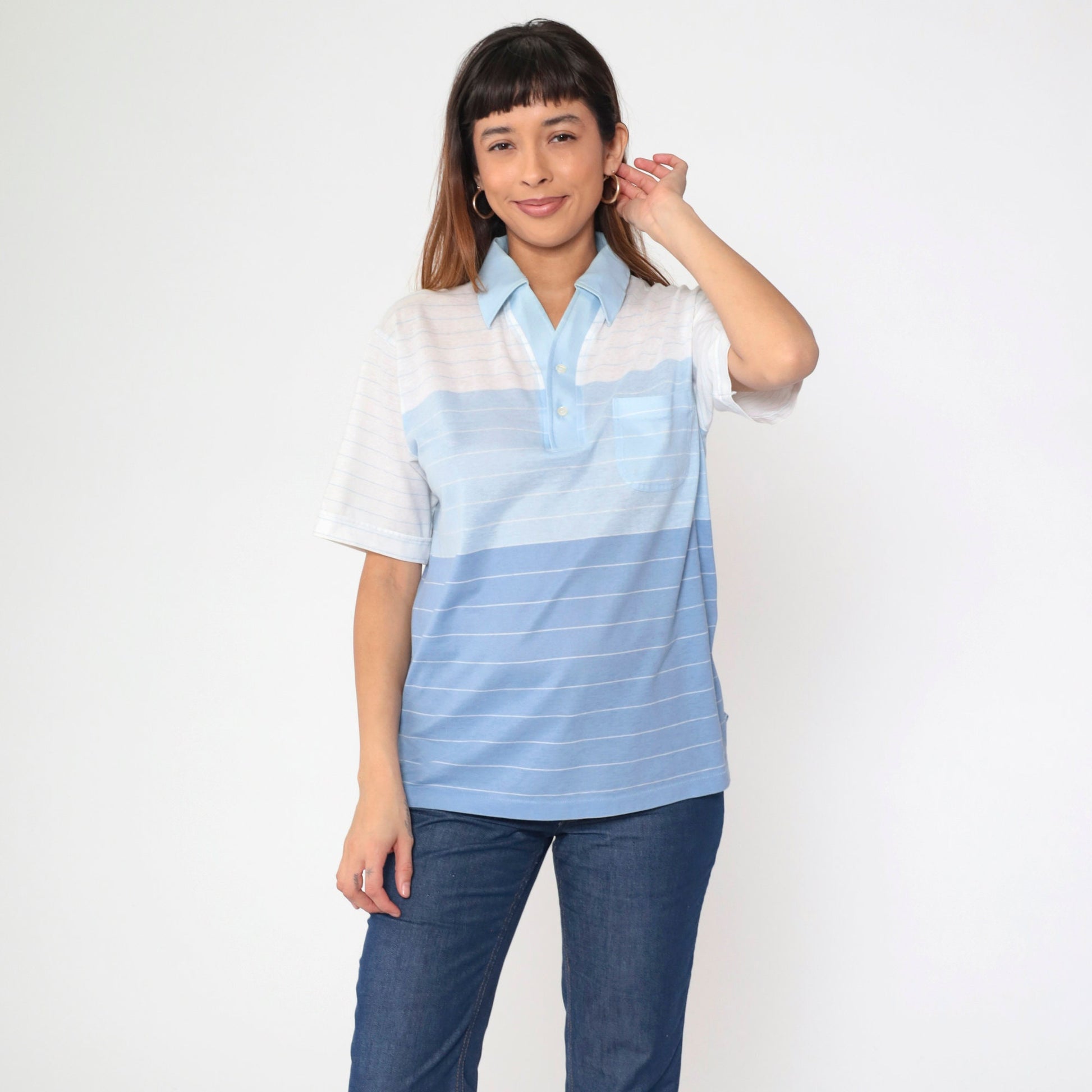 80s Arrow Tournament Striped Polo Shirt Blue White Half Button Medium