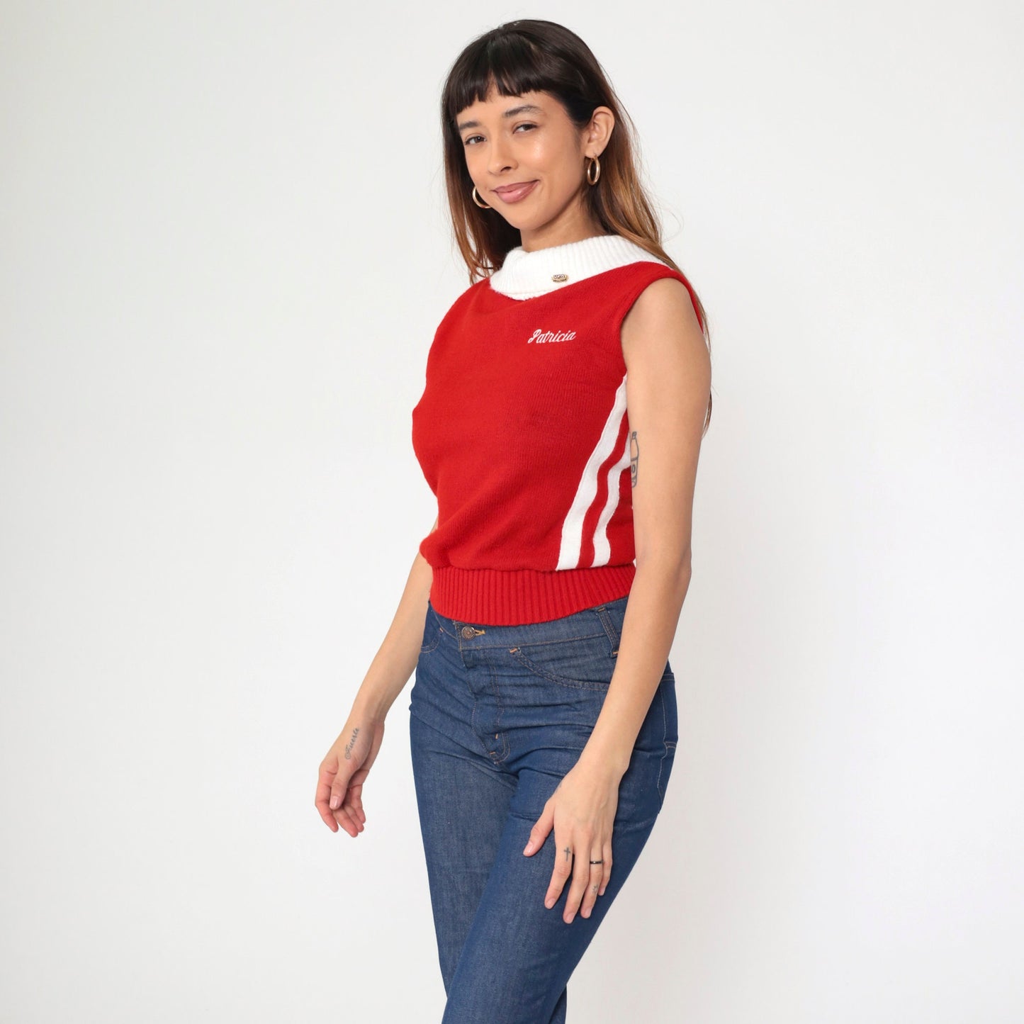 80s USA Drill Team Sweater Red Knit White Stripe Patricia Cheer Top Small