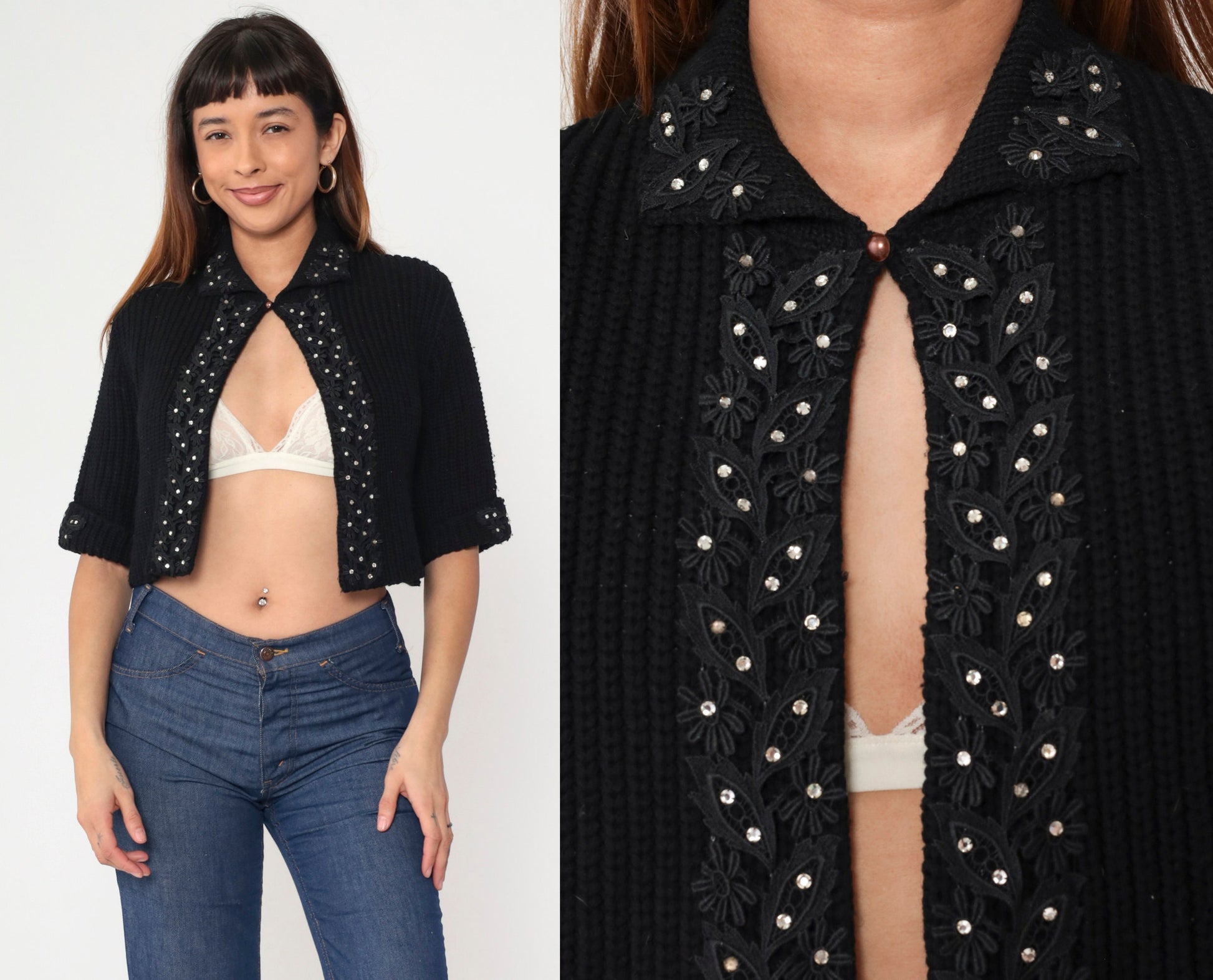 60s Black Rhinestone Lace Cardigan Cropped Ribbed Knit Short Sleeve Medium