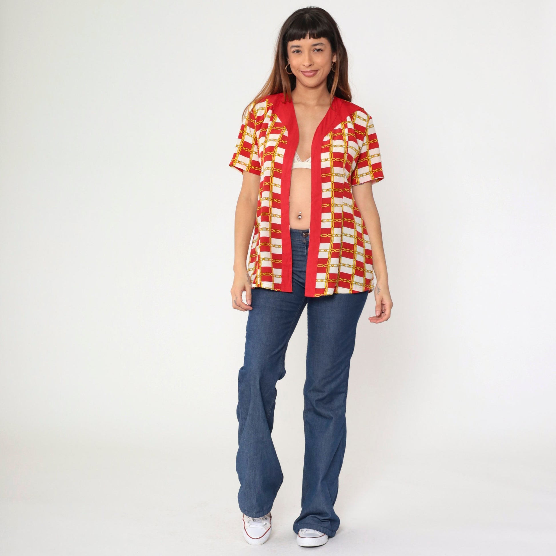 80s Chain-Link Red White Checkered Open Front Blouse Short Sleeve Small Medium