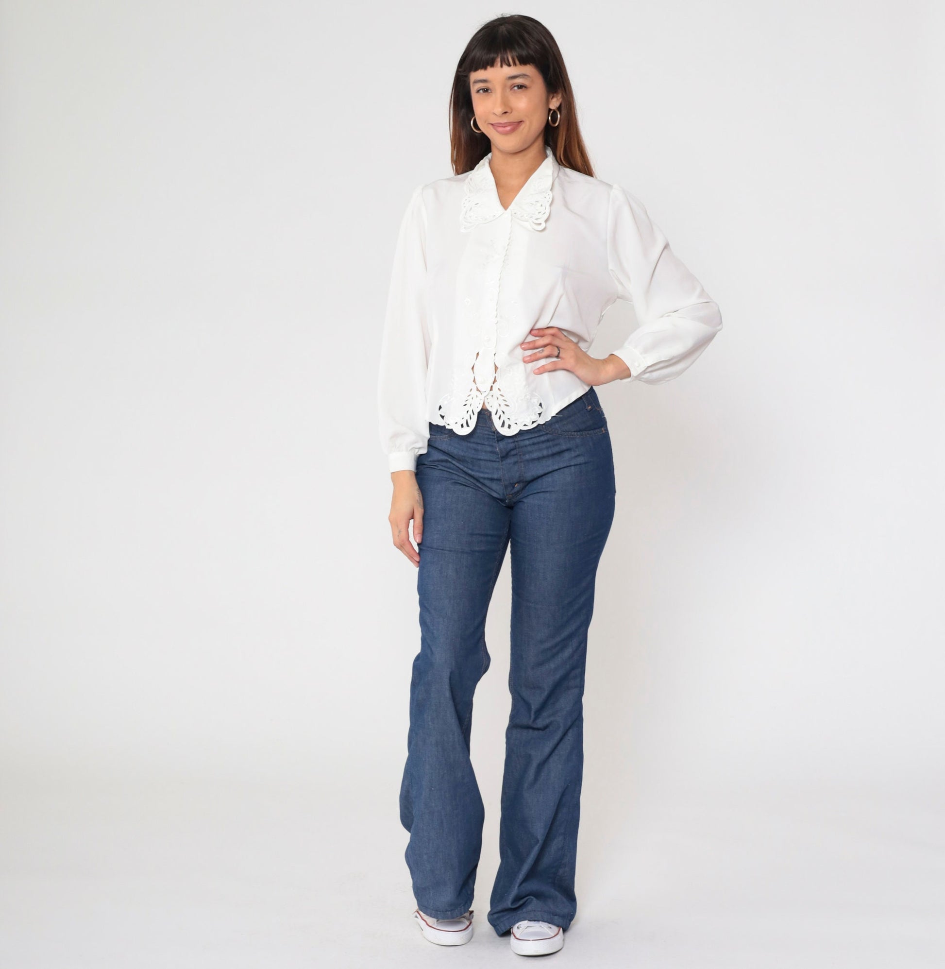 90s White Lace Blouse Paisley Floral Embroidery Cutout Puff Sleeve Button Up Medium