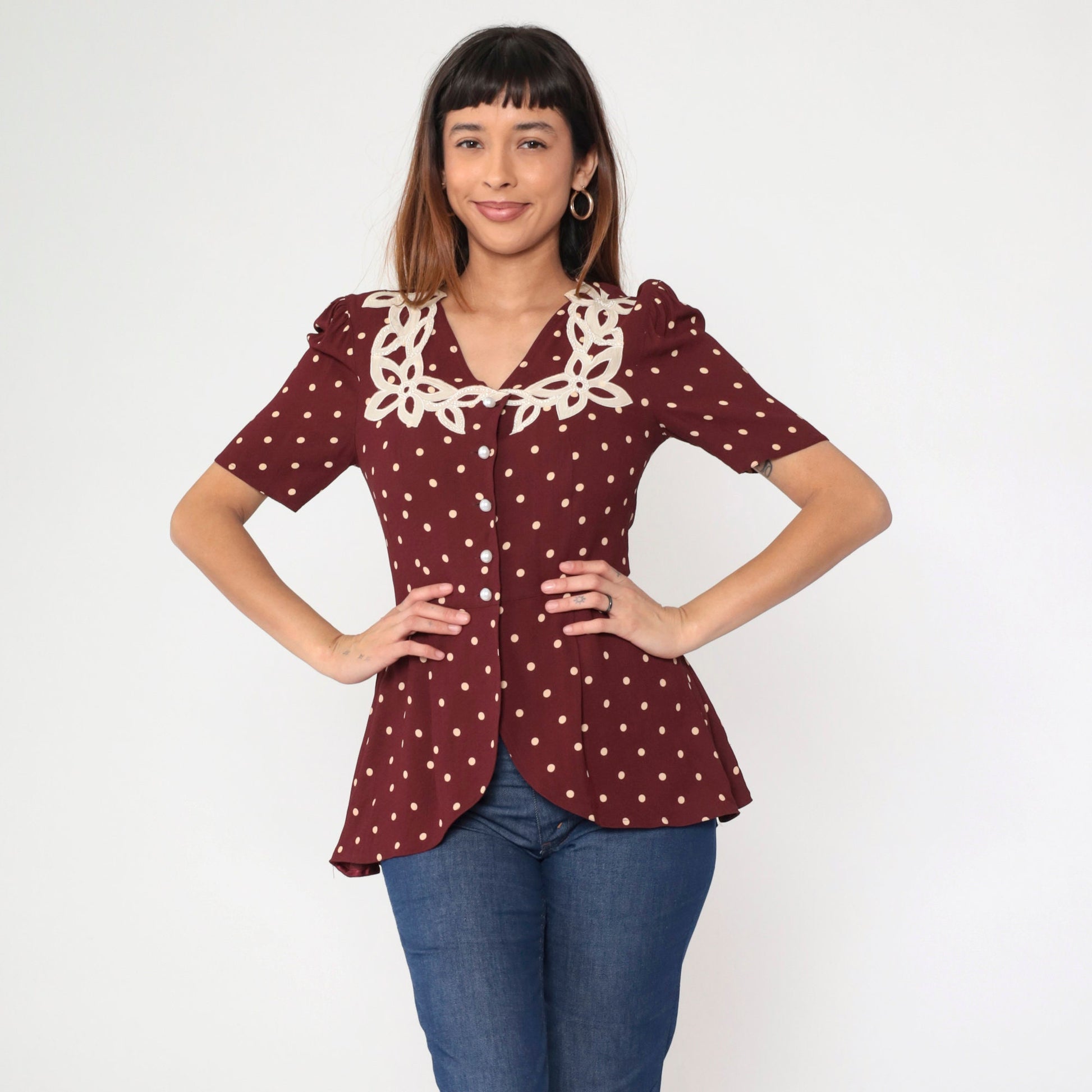 80s Maroon Polka Dot Beaded Floral Button-Up Blouse Puff Sleeve Small S