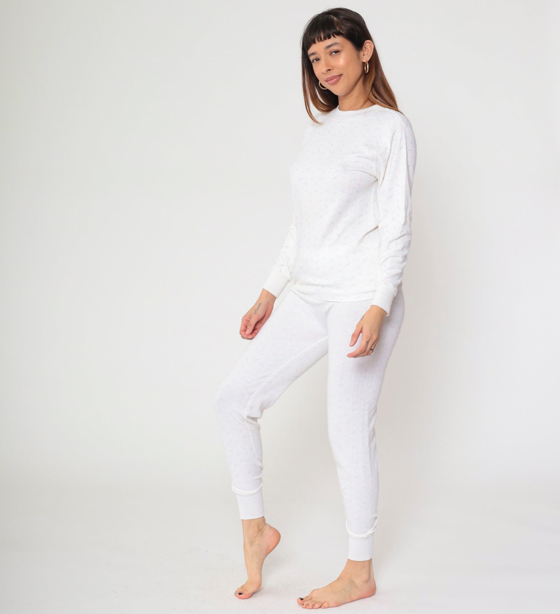80s Thermal Pajama Set White Confetti Print Long Johns Two Piece Medium