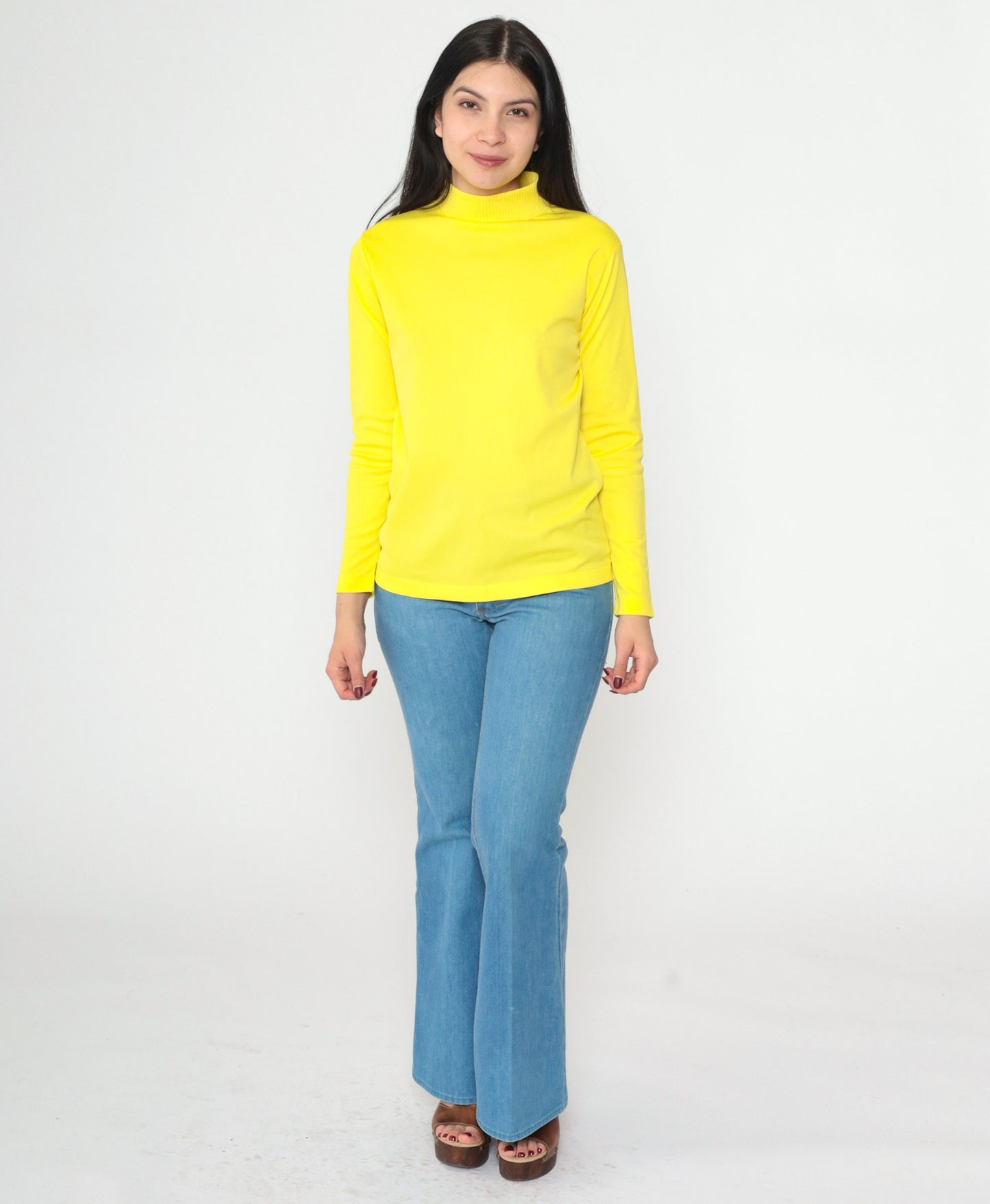 70s Yellow Mock Neck Blouse Long Sleeve Polyester Vintage Shirt Small