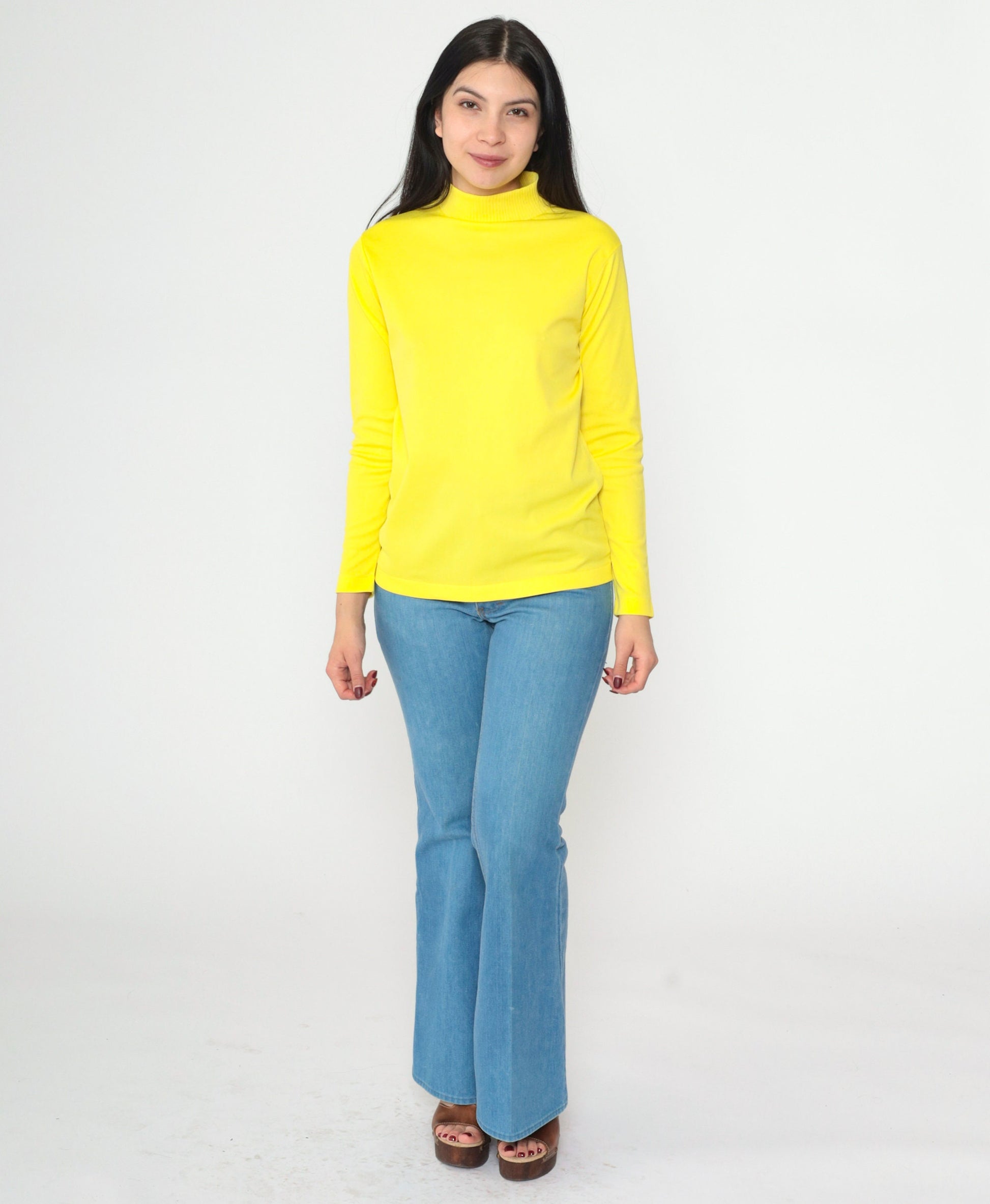 70s Yellow Mock Neck Blouse Long Sleeve Polyester Vintage Shirt Small