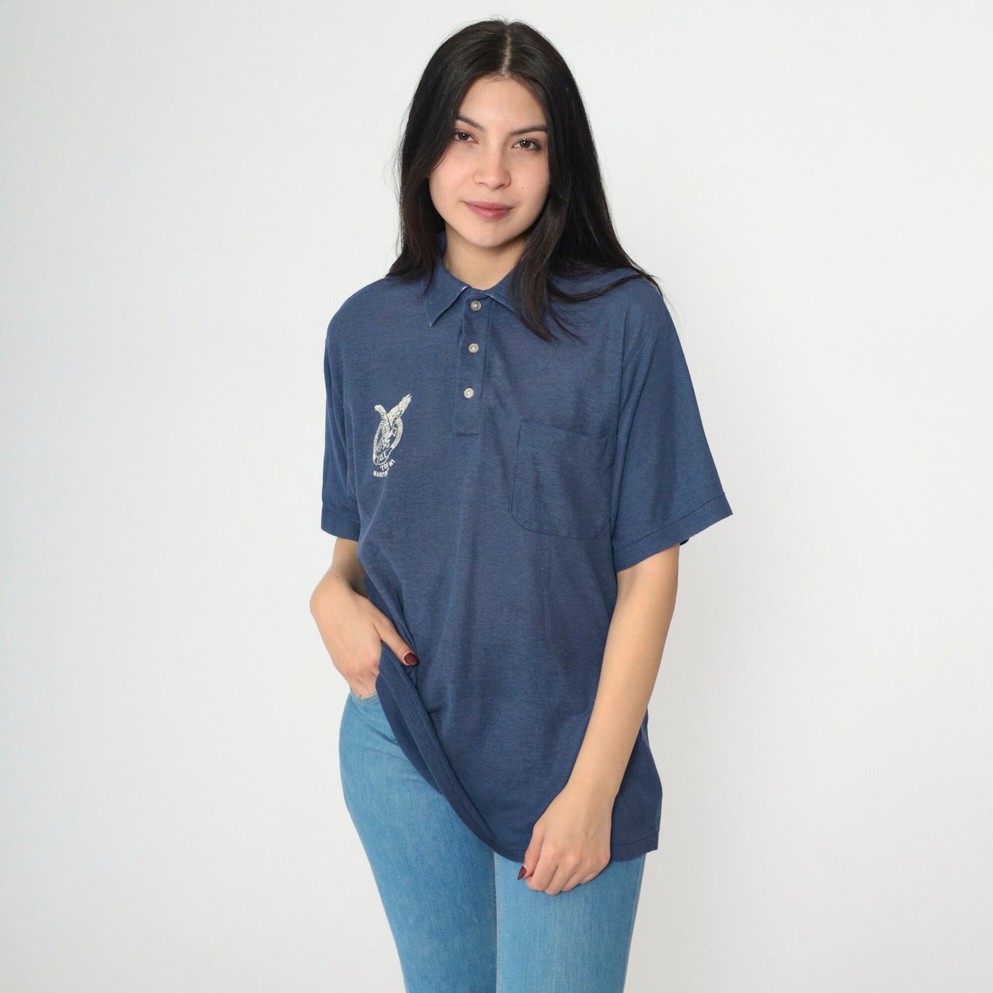 80s Fraternal Order of Eagles FOE Polo Shirt Navy Blue Manitowoc Wisconsin Medium
