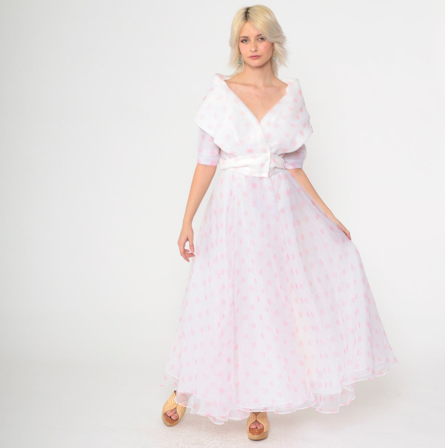 90s White Polka Dot Chiffon Maxi Dress Portrait Collar Pink Small 4